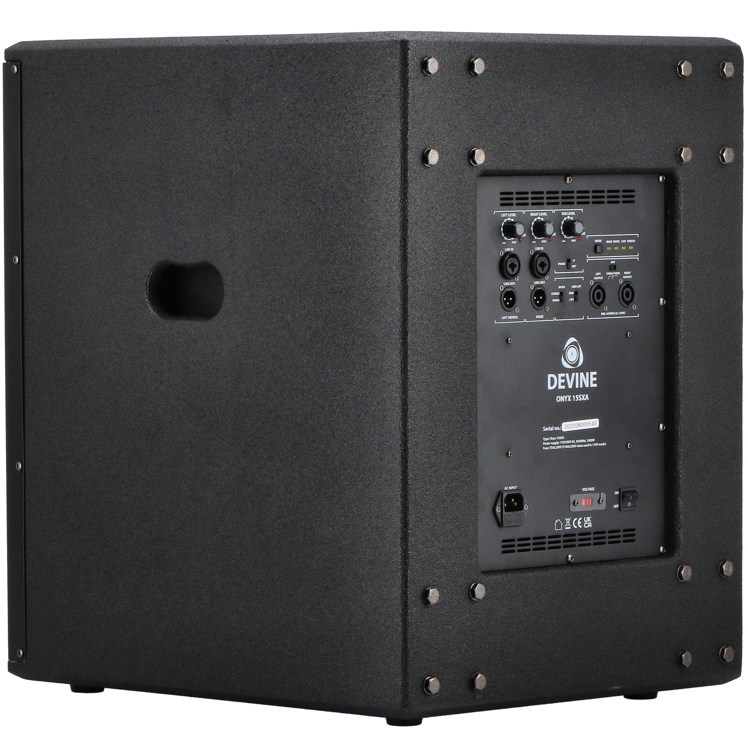 Black speaker cabinet with a rear panel featuring connectors, knobs, and switches.