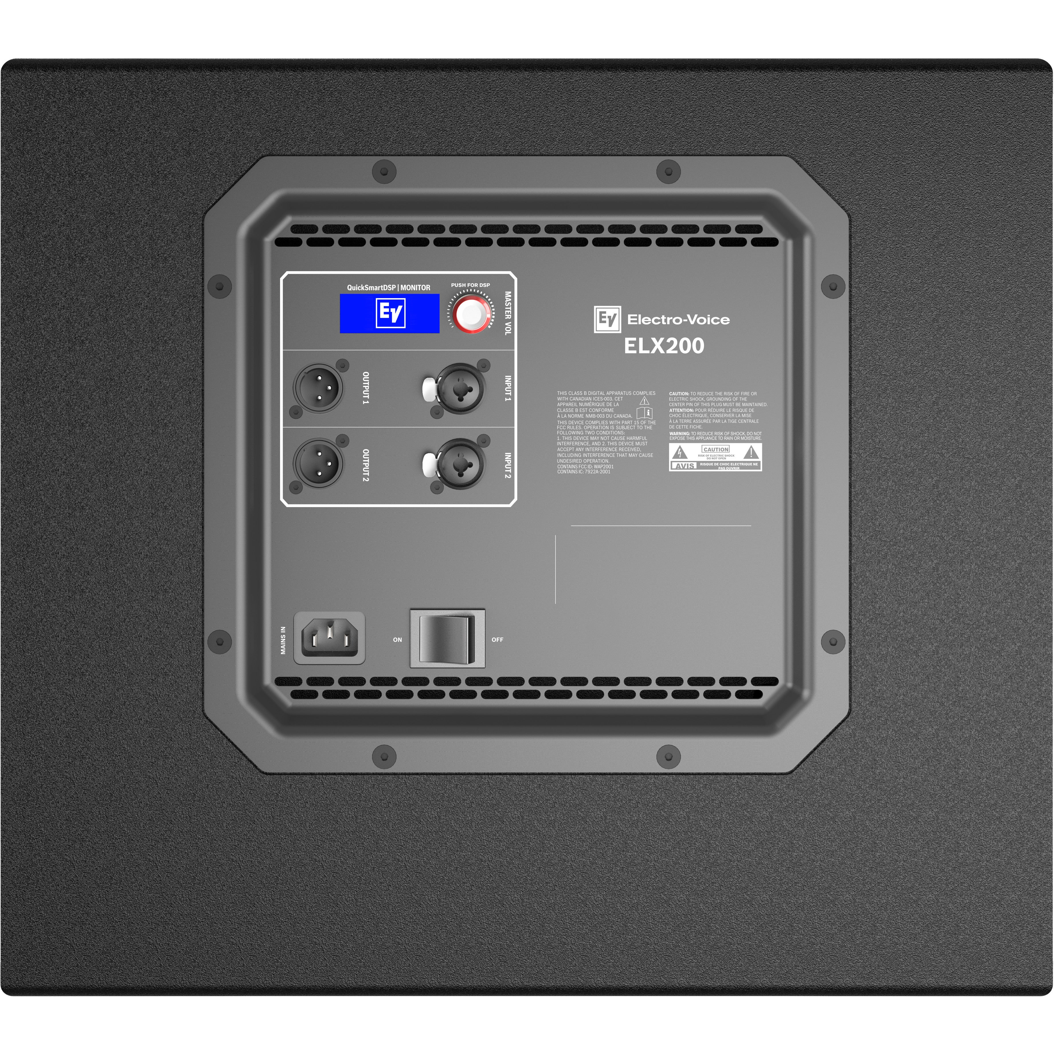 Back panel of a black Electro-Voice ELX200 subwoofer with inputs, outputs, switch, and warnings.