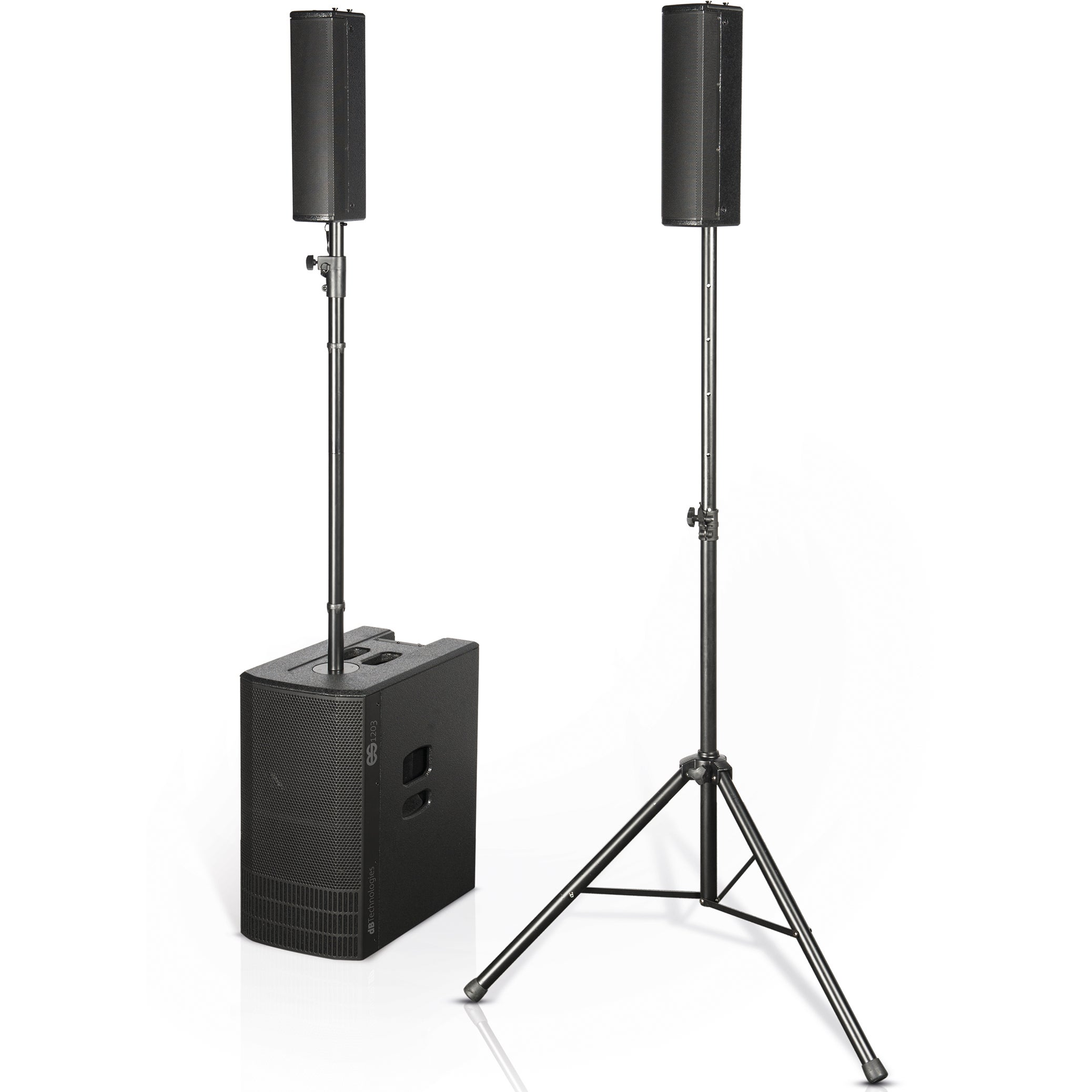 A black subwoofer with a column speaker on a stand.