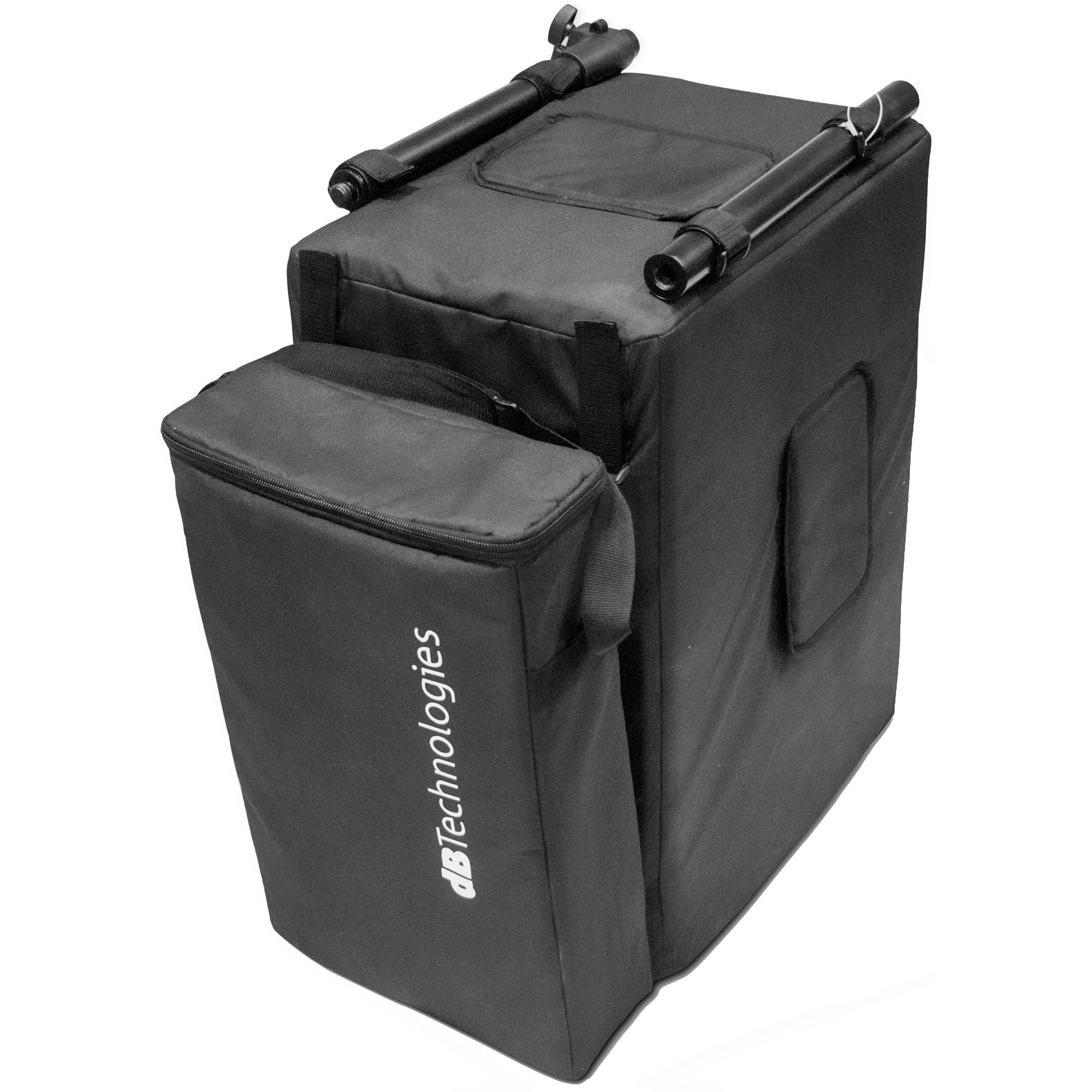 Black bag with zipper and two poles on top.