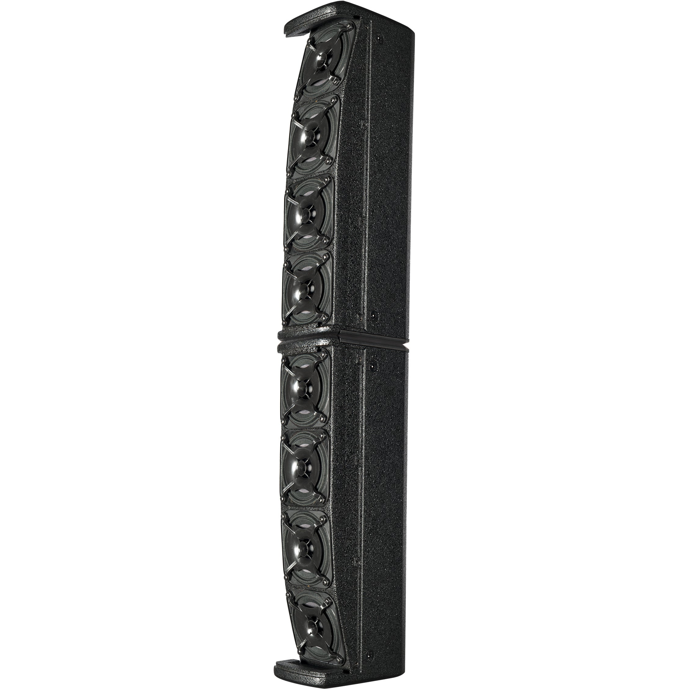 Black vertical speaker tower with eight drivers on a white background.