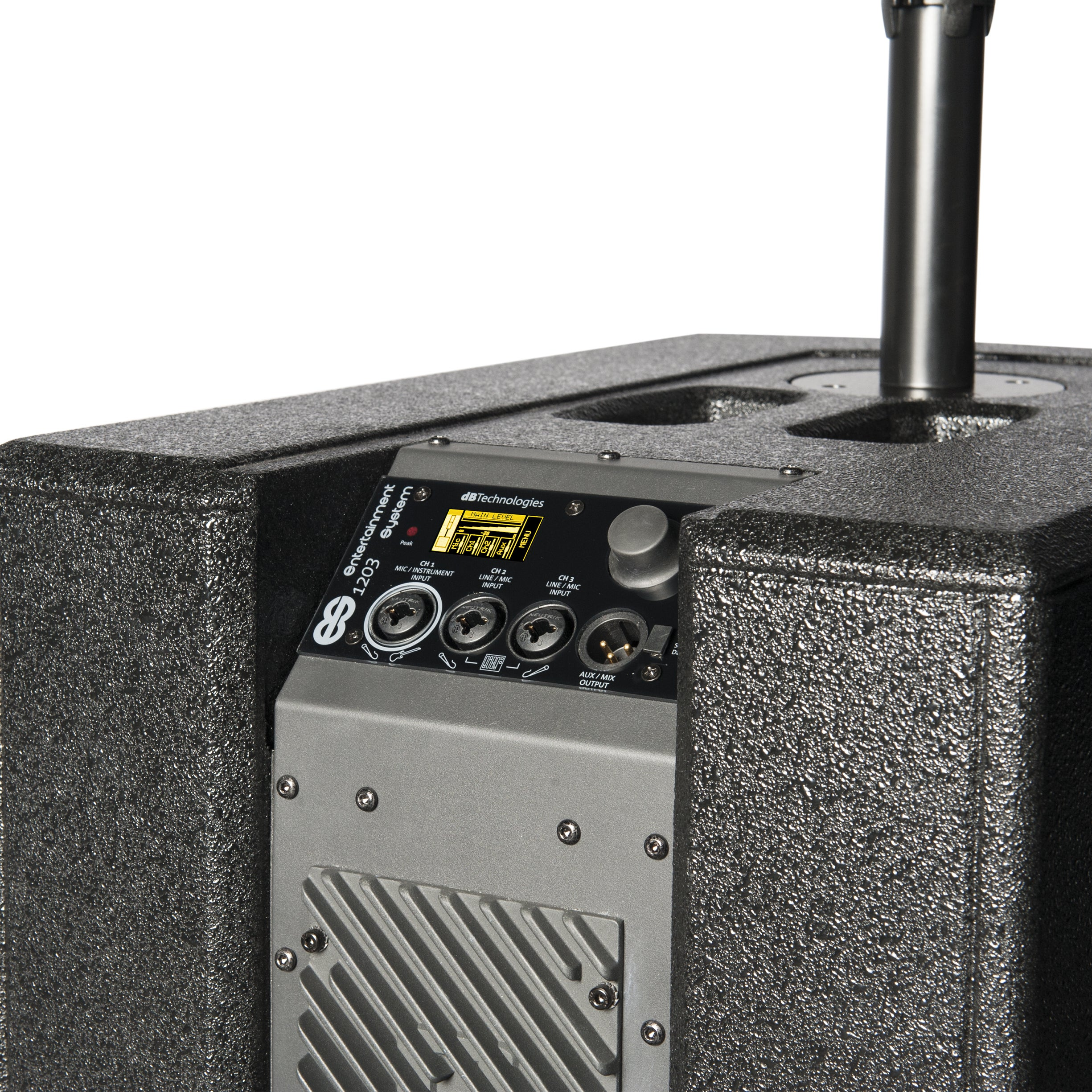 Close-up of a black speaker with ports and a microphone stand.