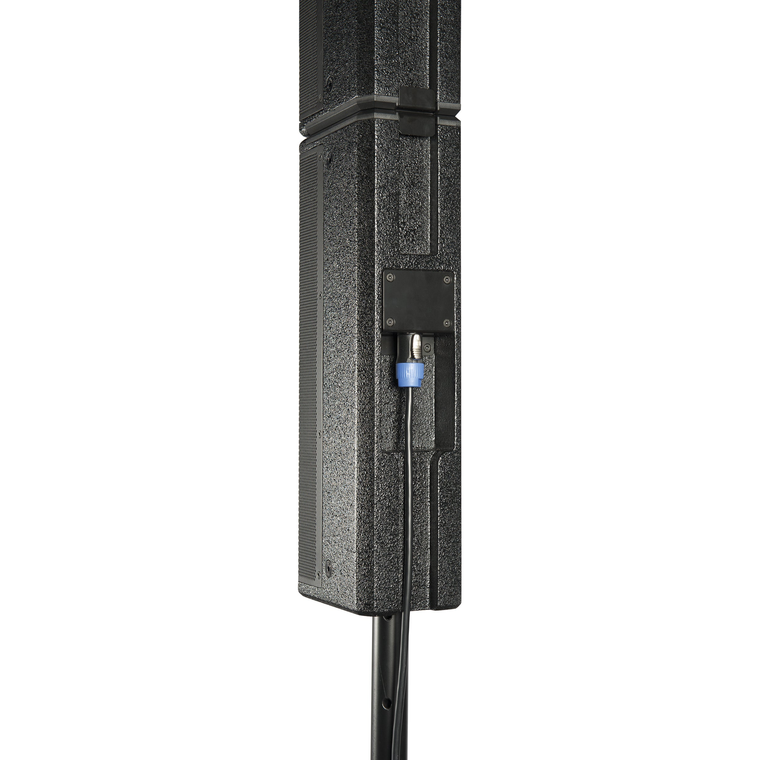 Black speaker with cable connection on a white background.