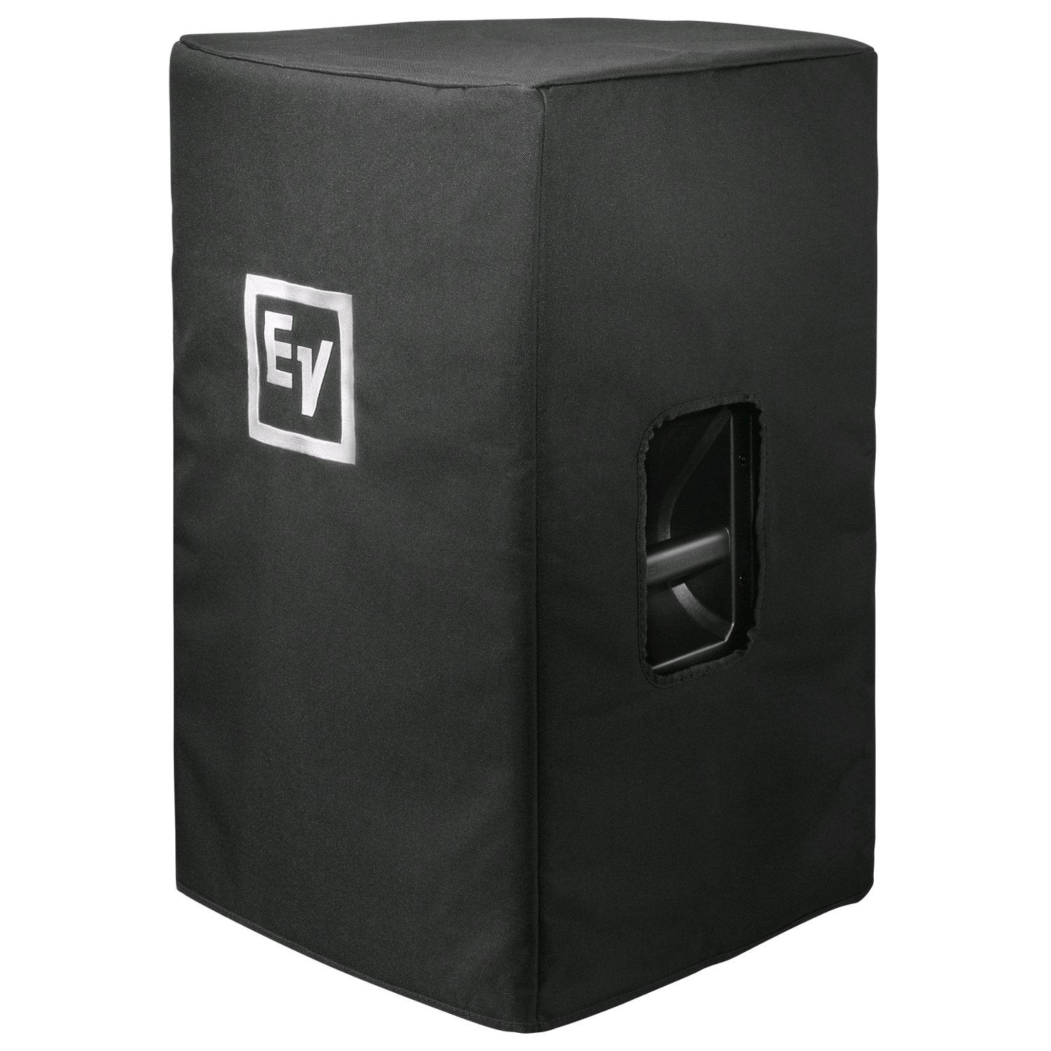 Zwarte luidsprekerhoes met wit EV-logo en een uitsparing voor de luidspreker.