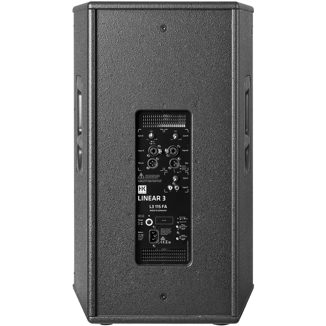 Back of a black speaker with connections and labels.
