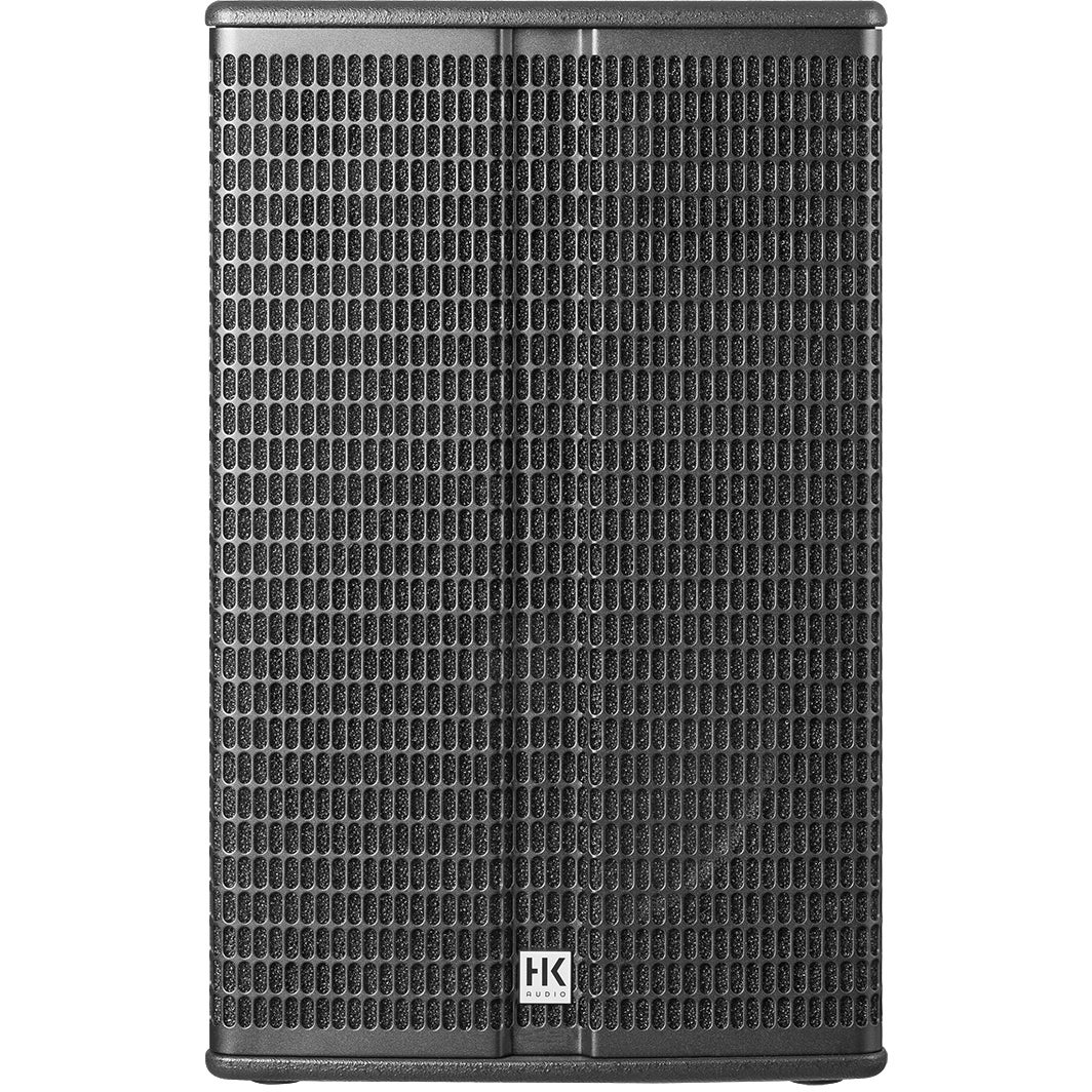 Black speaker with a perforated grille and HK Audio logo.