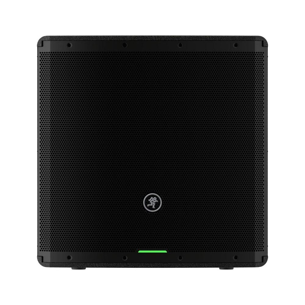 Black subwoofer with speaker grille and a green light strip.