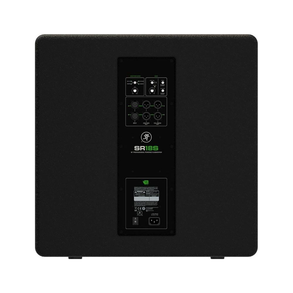 Blackish-gray subwoofer with connection panel and labels.