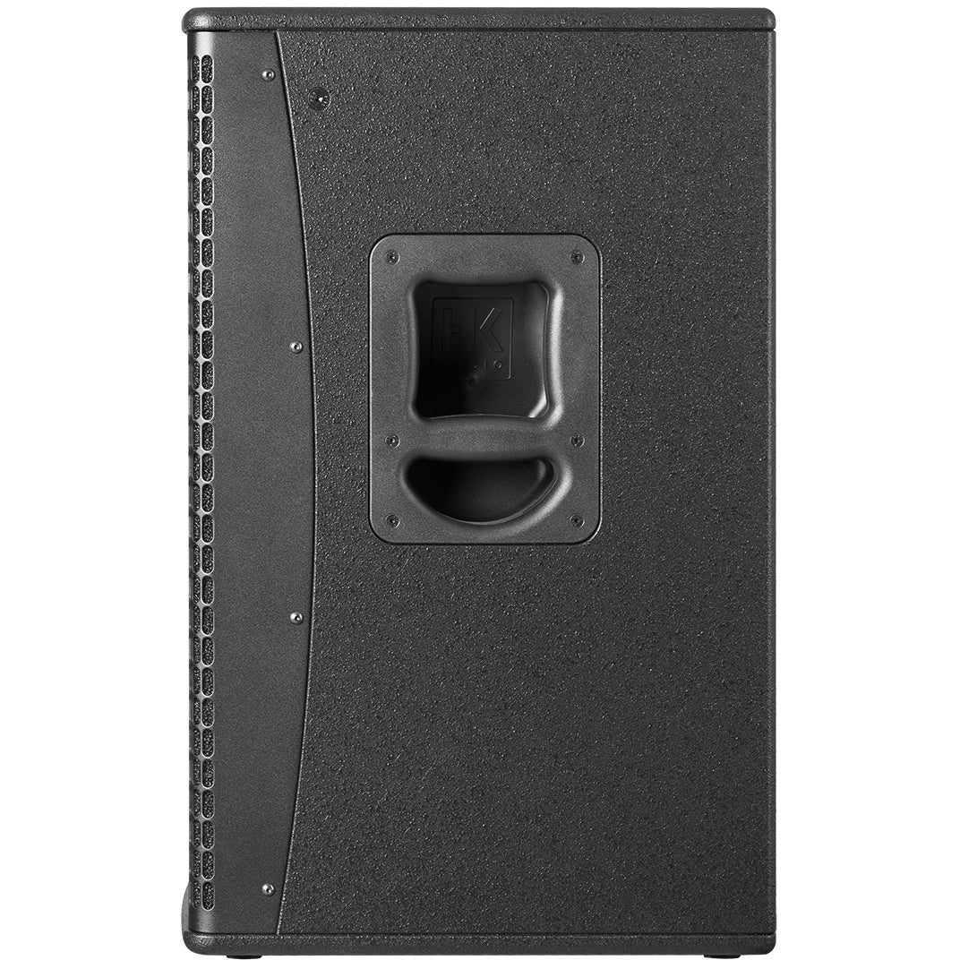 Black speaker with handle and grille on the side.