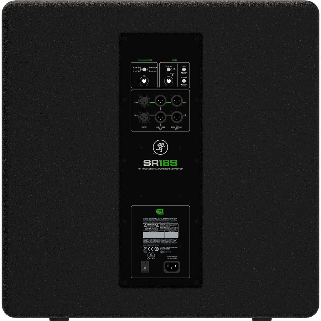 Black Mackie SR18S 18" subwoofer rear panel with inputs, outputs, and controls.