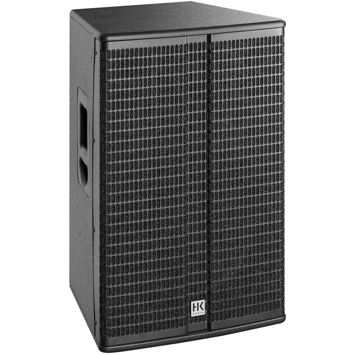 Black speaker with HK Audio logo and handle. Grille front.