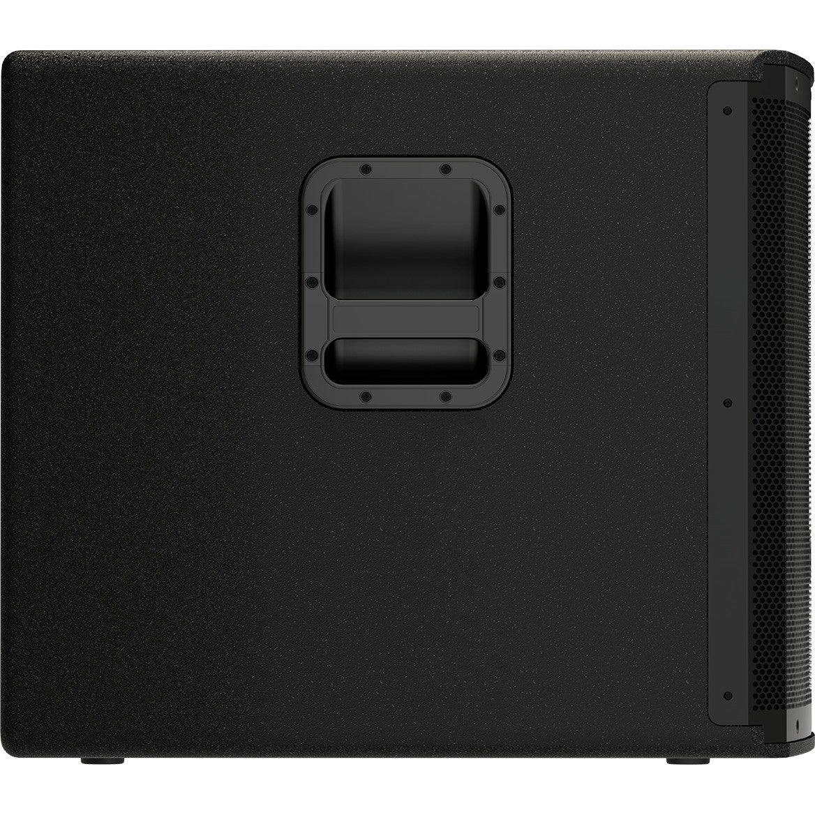 Black speaker with handle on the left and grille on the right side.