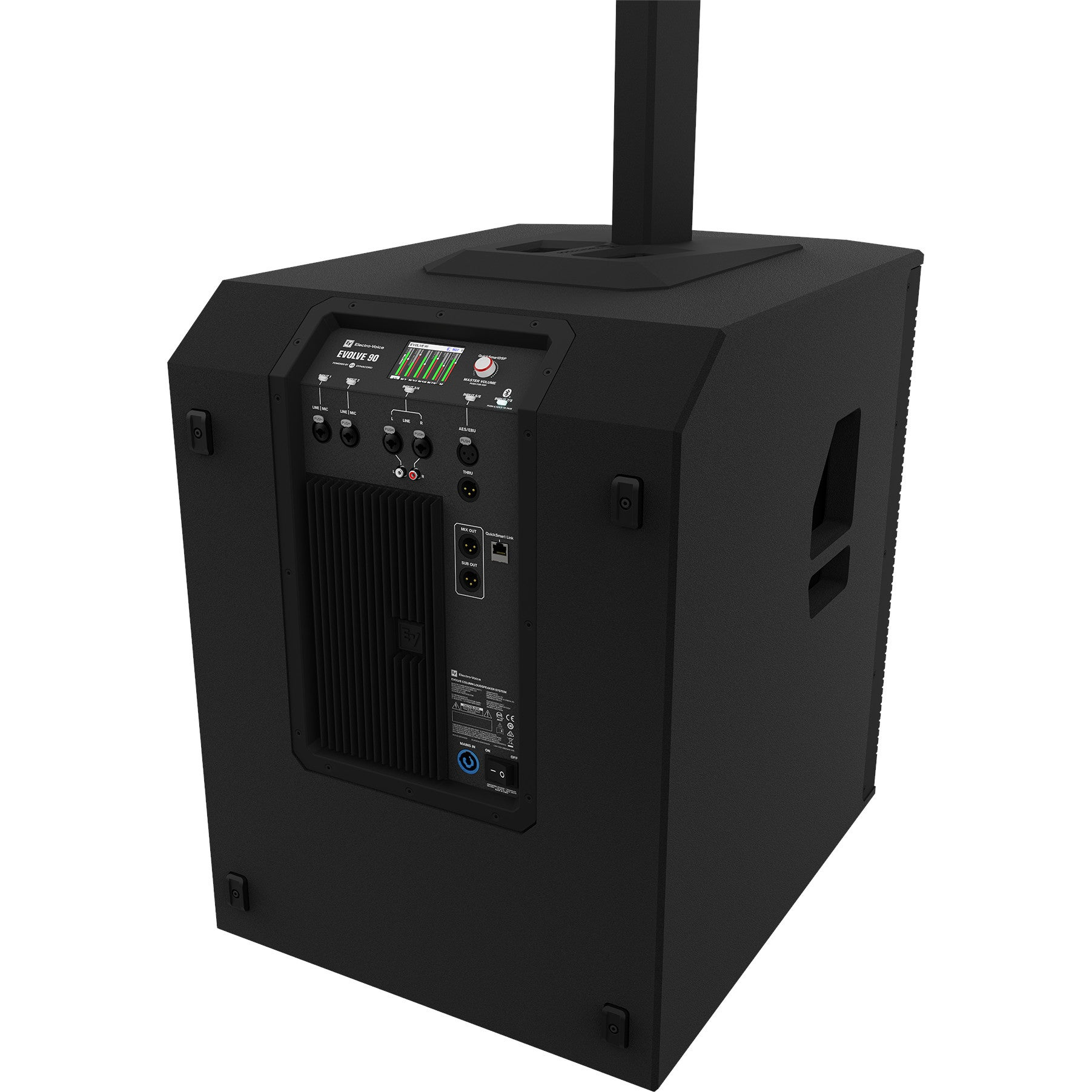 Black speaker with rear panel connections and controls, and a vertical pole.