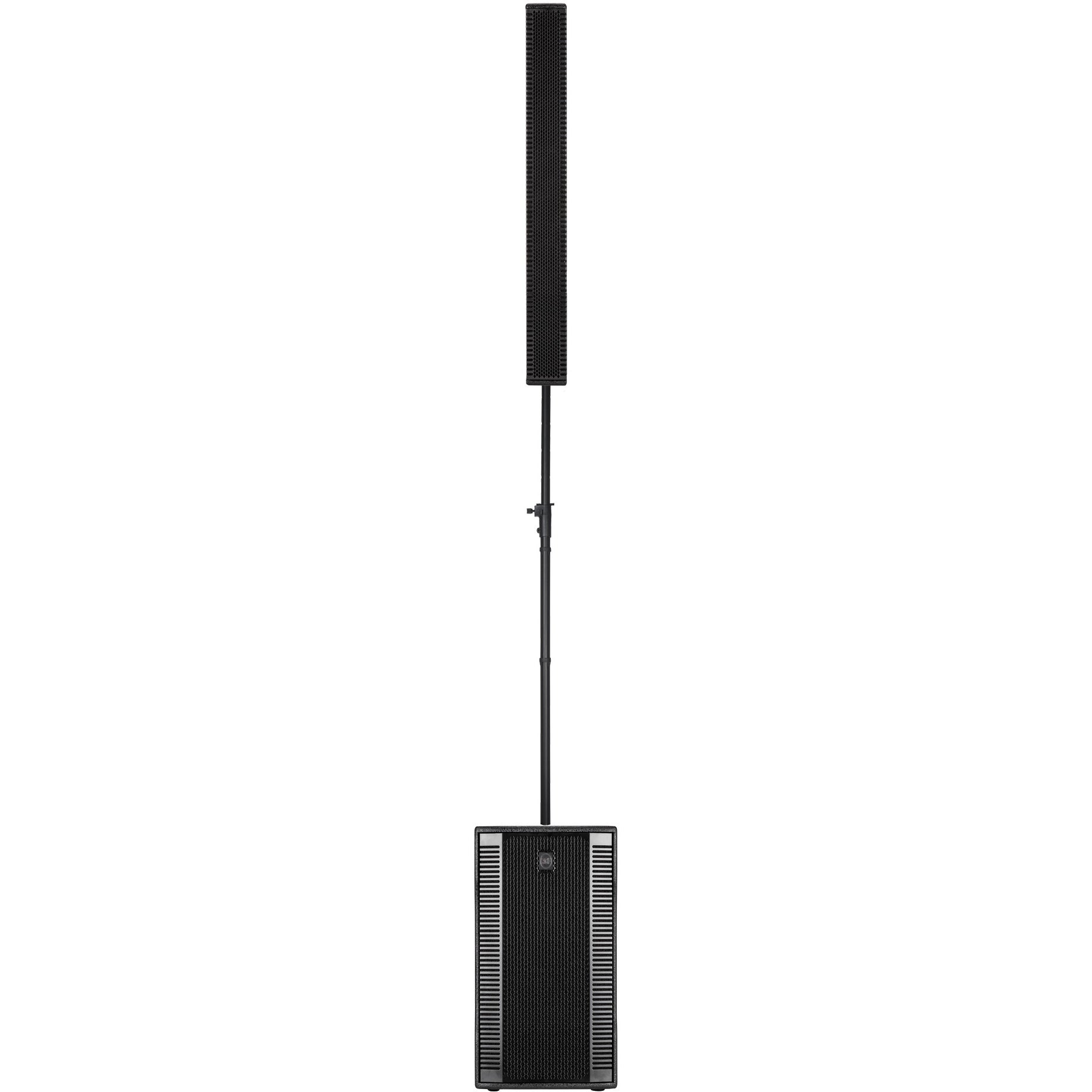 Black subwoofer with a vertical speaker on a stand.
