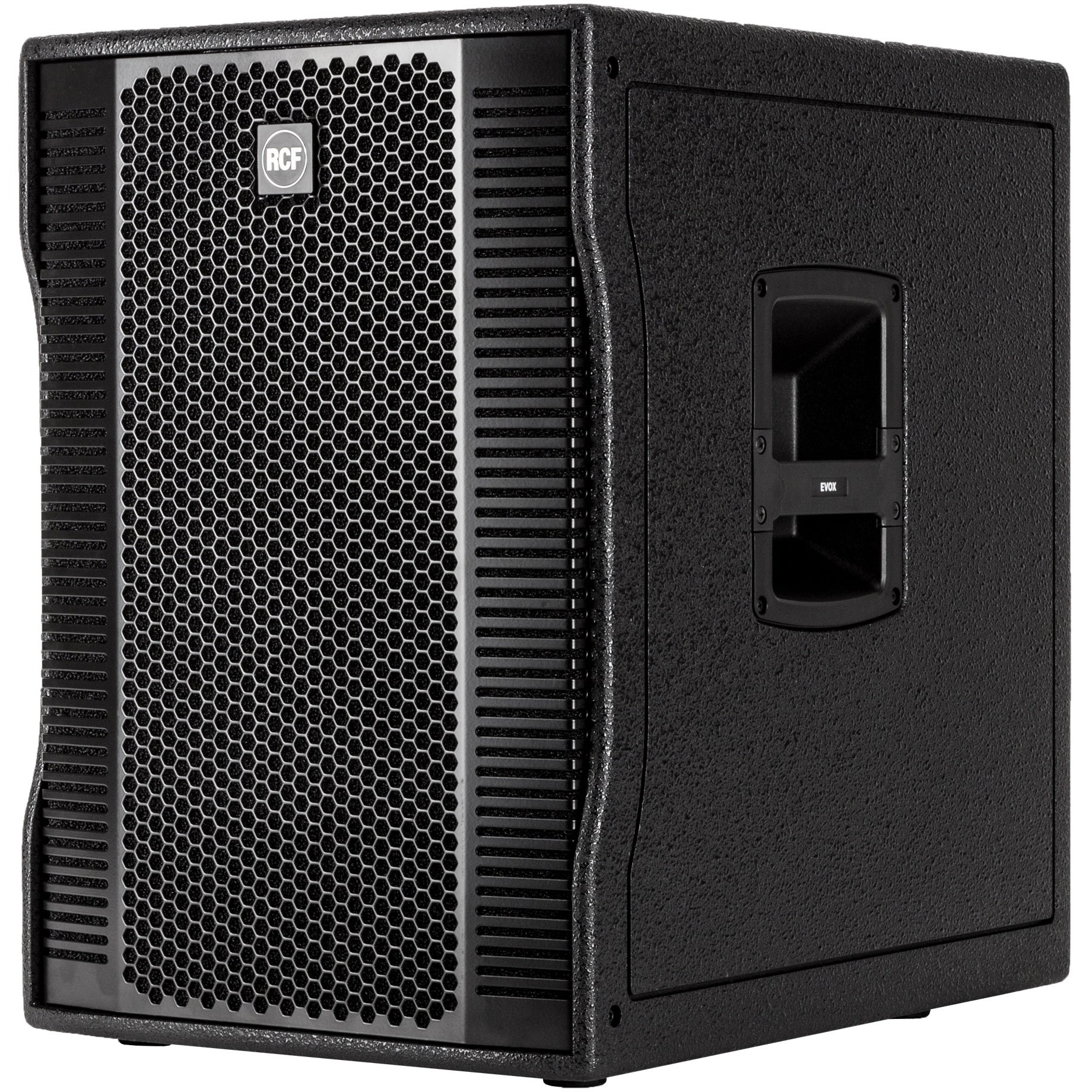 Black speaker with RCF logo and honeycomb grille.