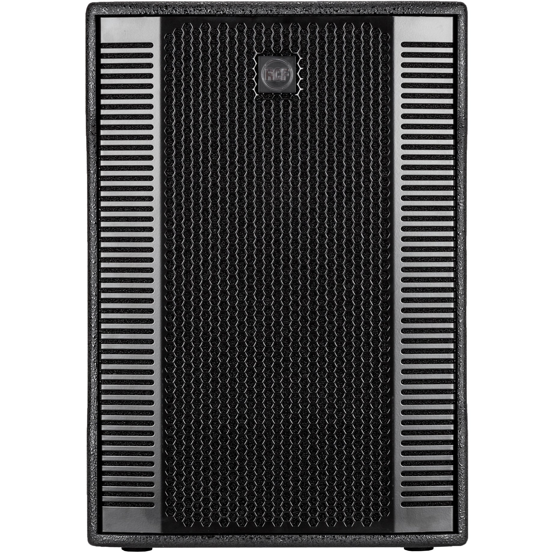 Black speaker with RCF logo in the center and vents on the sides.