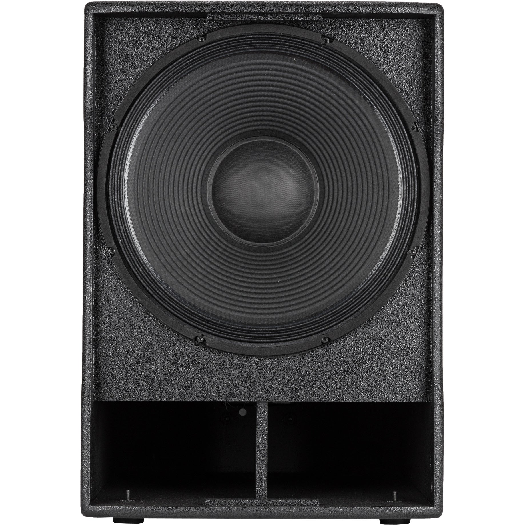 Black subwoofer with large speaker cone and two open chambers below.
