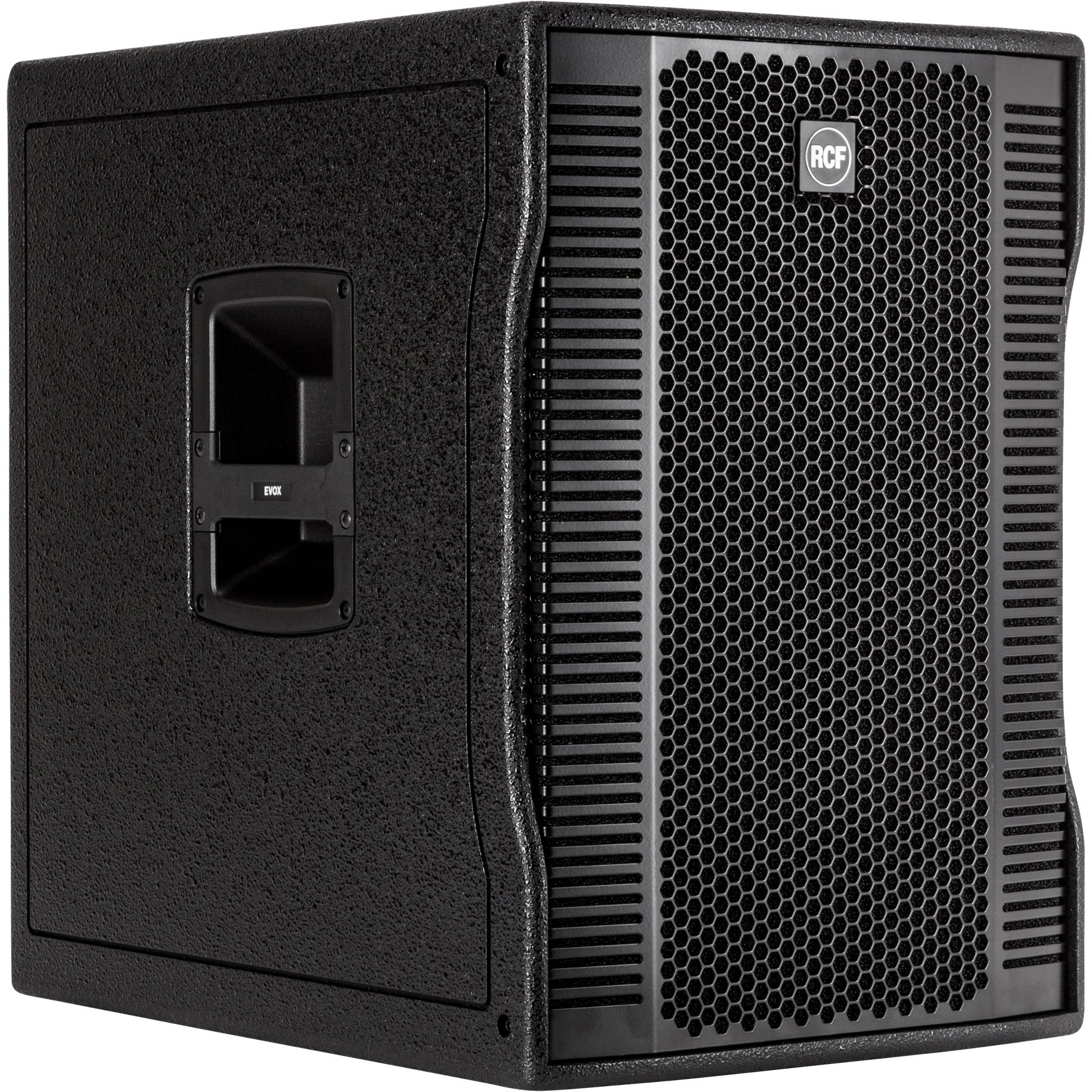 Black RCF EVOX speaker with honeycomb grille and handle.