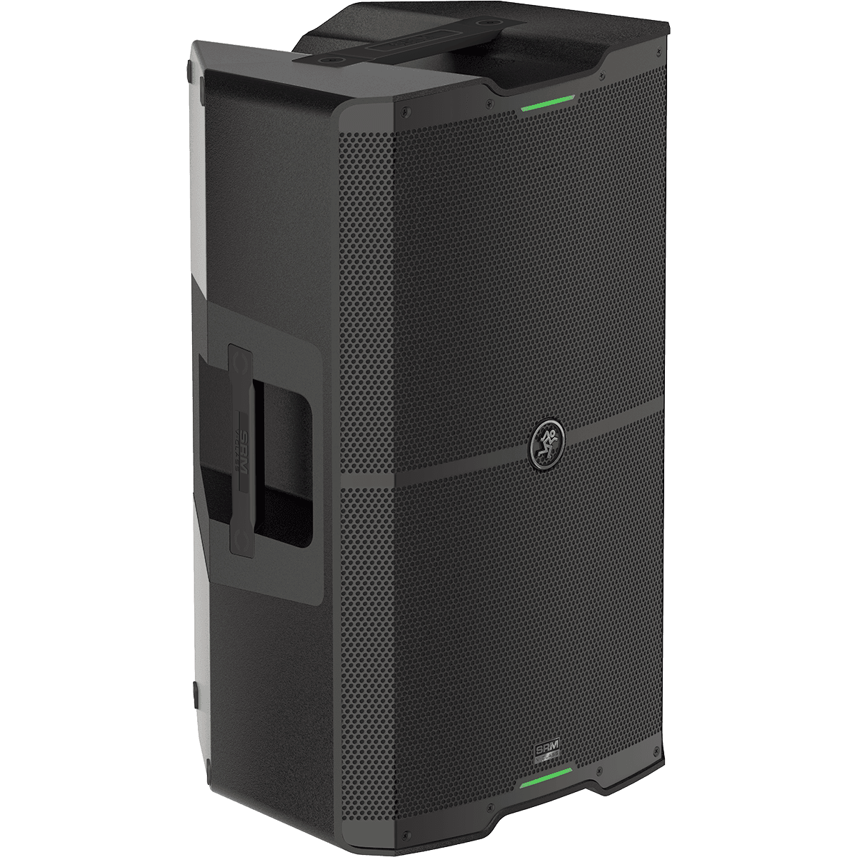 A black Mackie SRM speaker with a perforated grille and green indicator light.