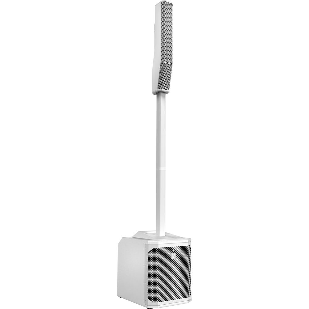 A white column speaker with a subwoofer on a white background.