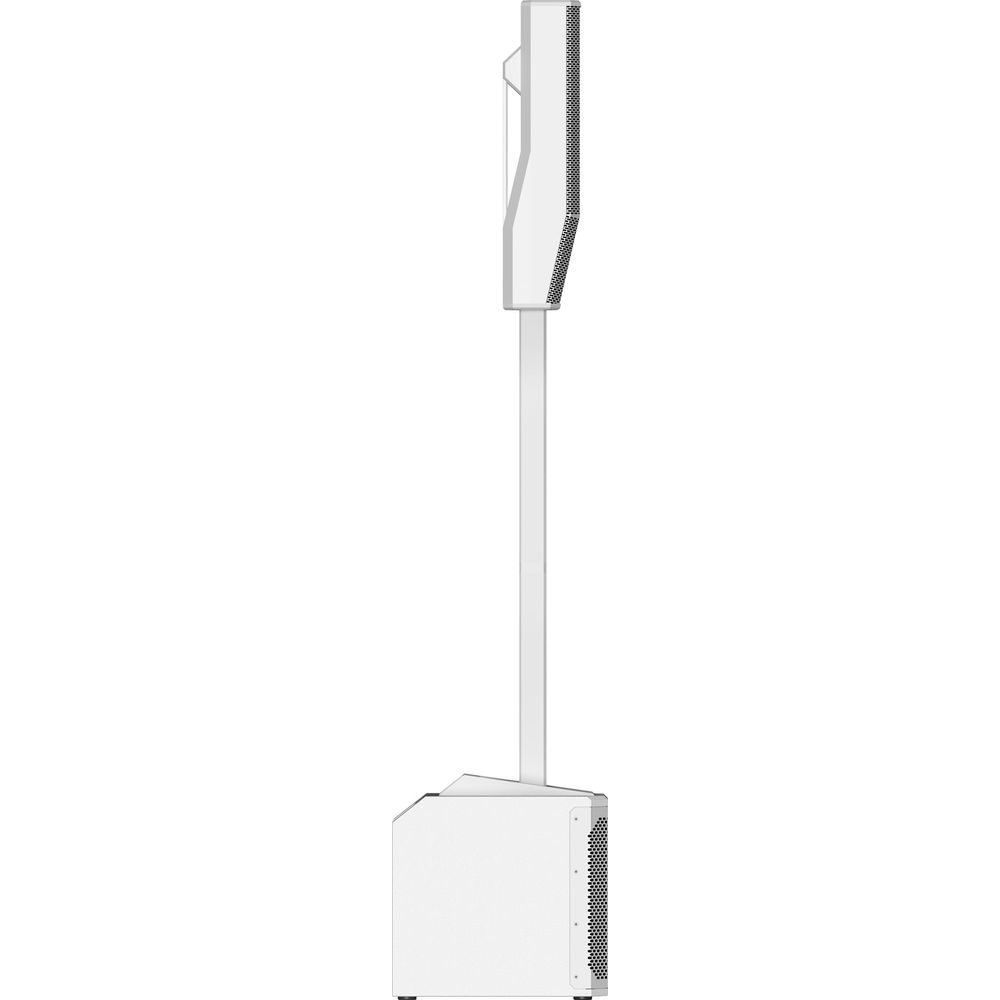 A white speaker tower with a rectangular base and a slim, vertical top section.