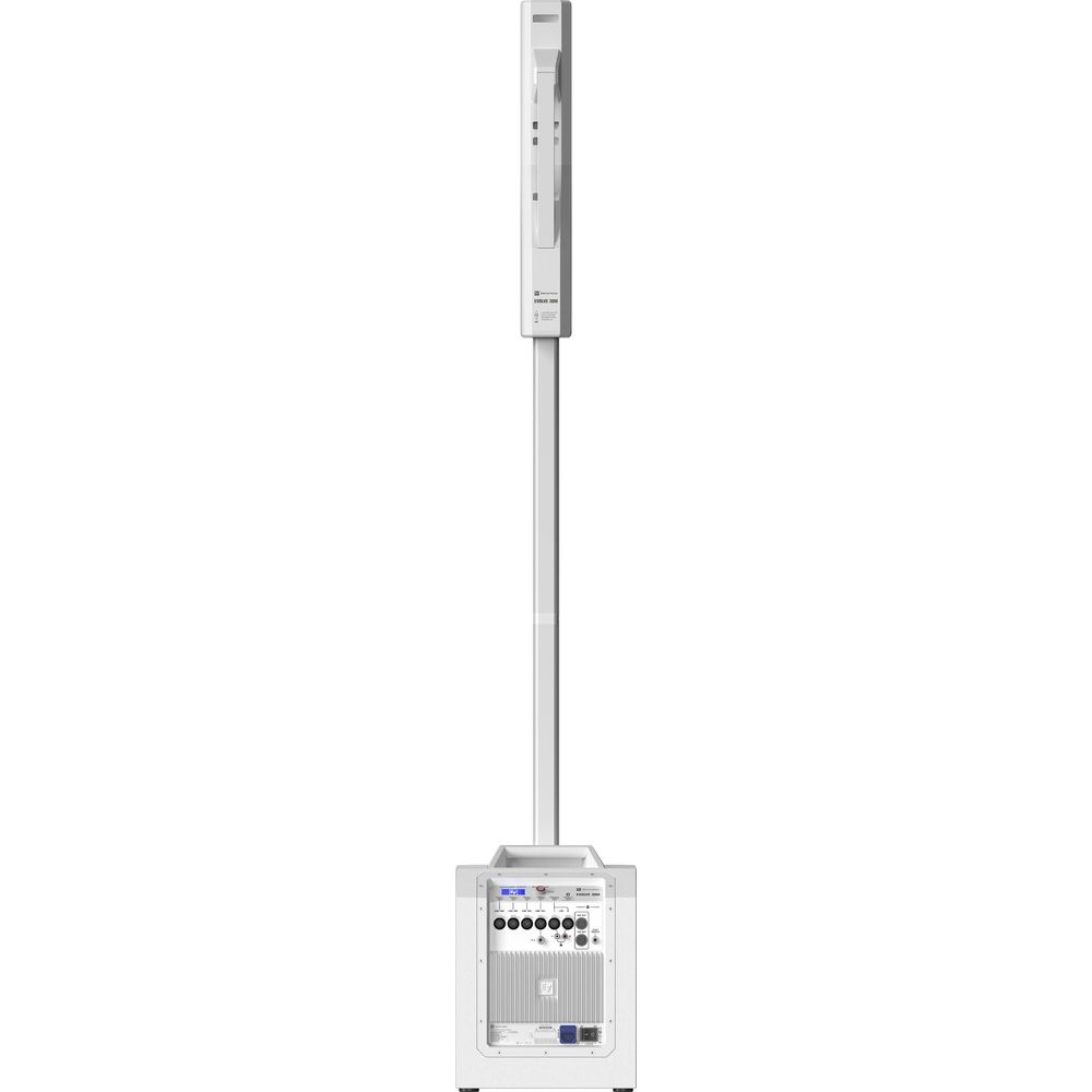 A white speaker with a tall pole and control knobs.