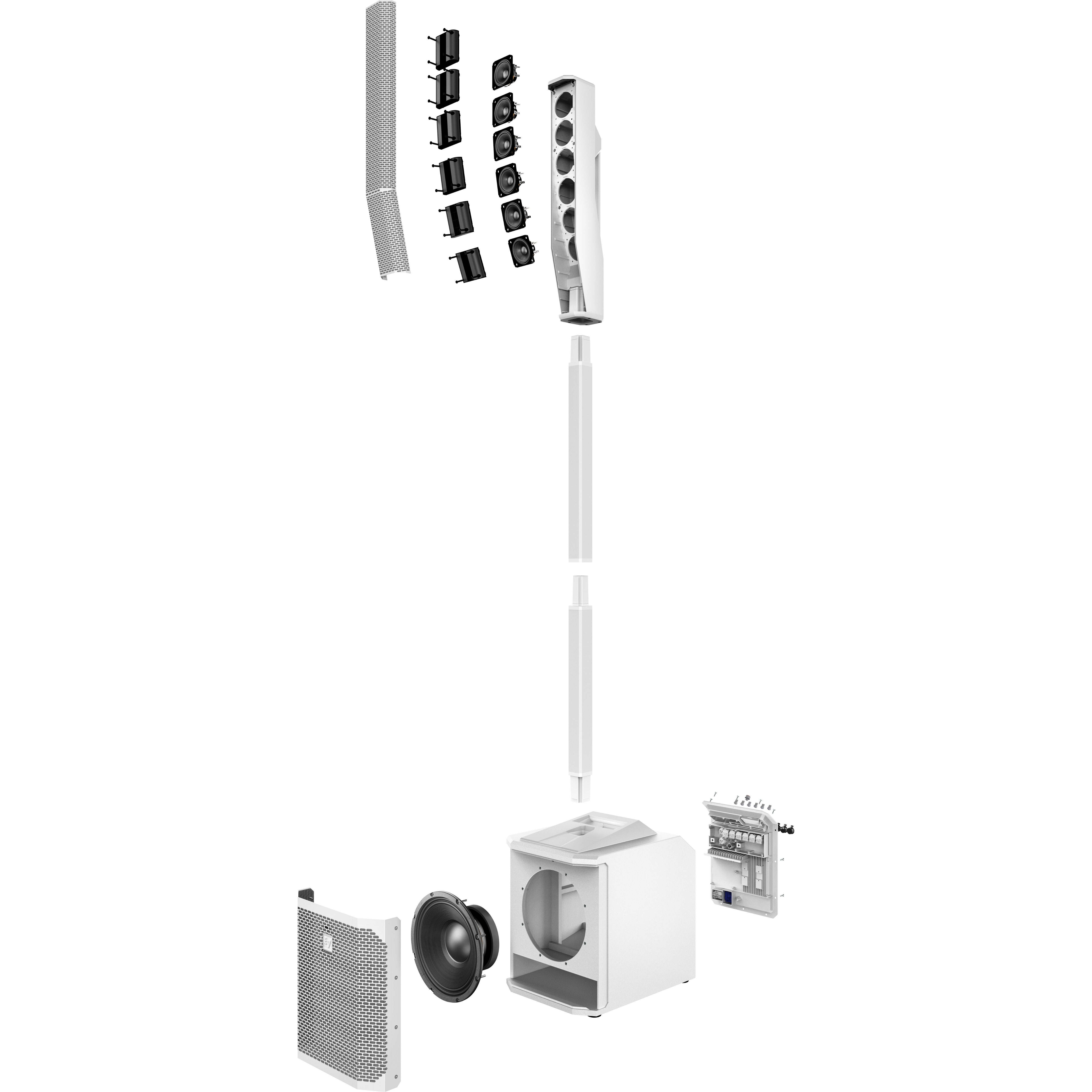 White speaker components: subwoofer, columns, drivers, grilles, and amplifier.