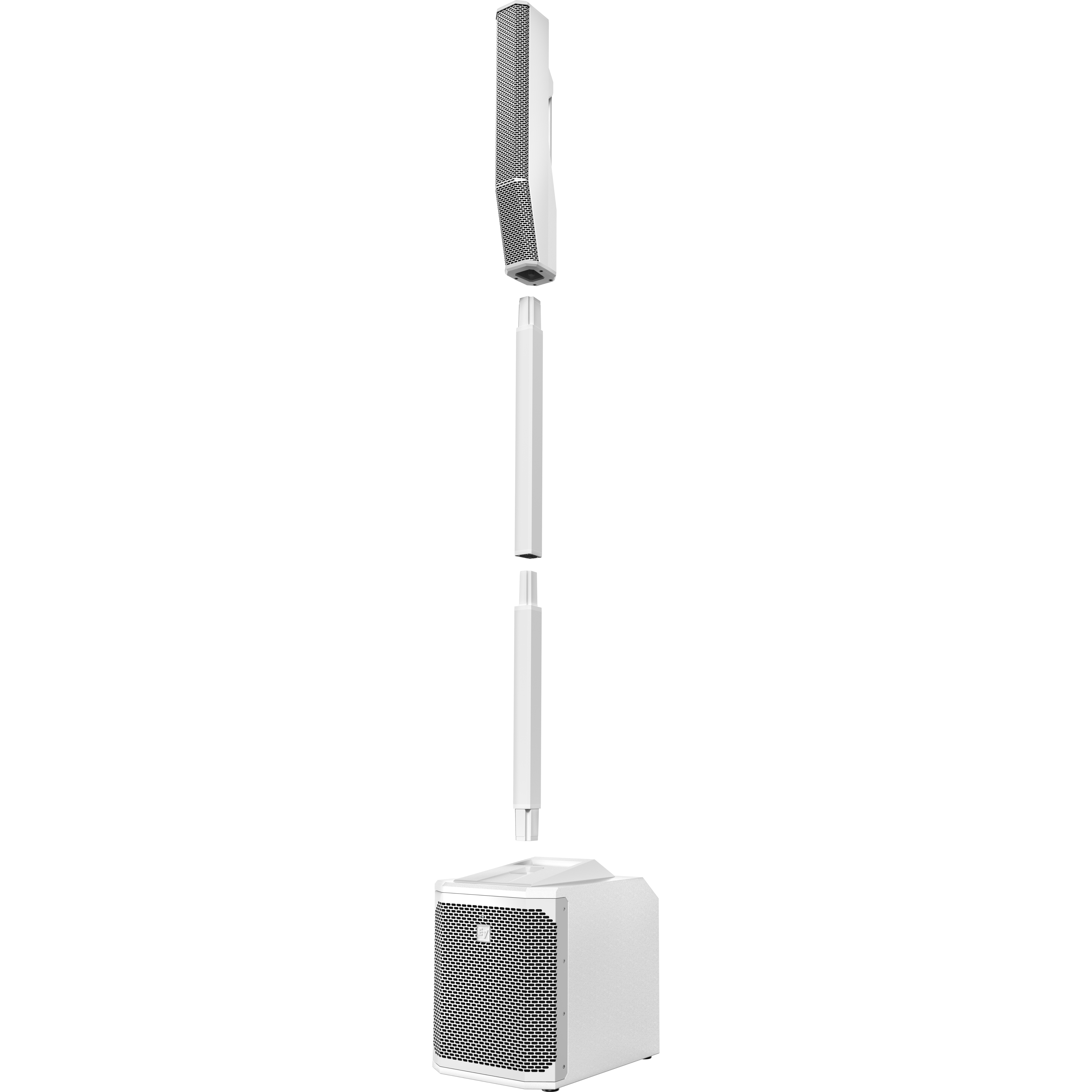 A white column speaker with a bass unit and poles.