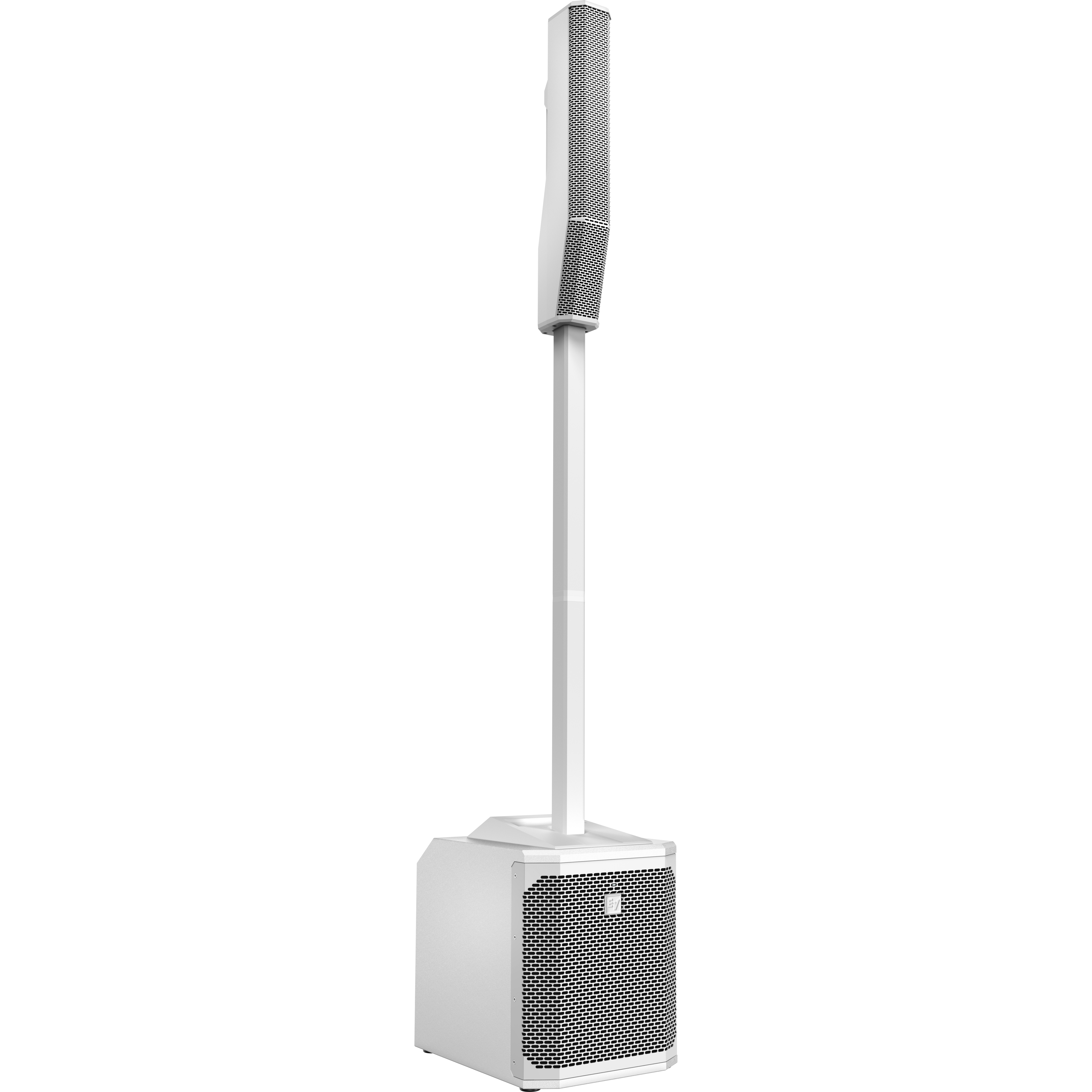 A white column speaker stands on a black background.