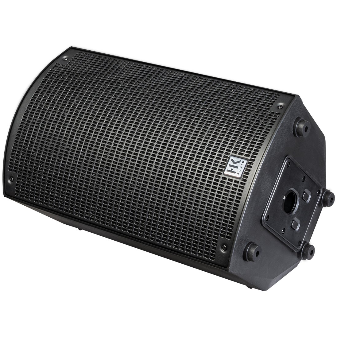 Black HK Audio speaker with a perforated grille and metal logo, on a white background.