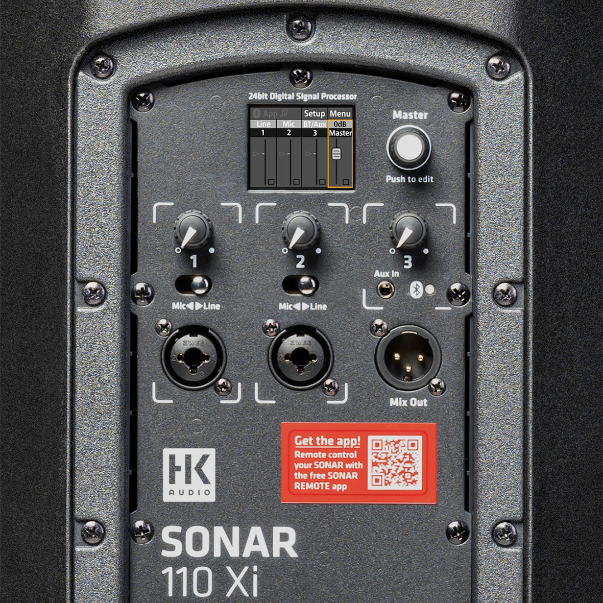 Back of an HK Audio SONAR 110 Xi speaker showing connections, knobs, and display.