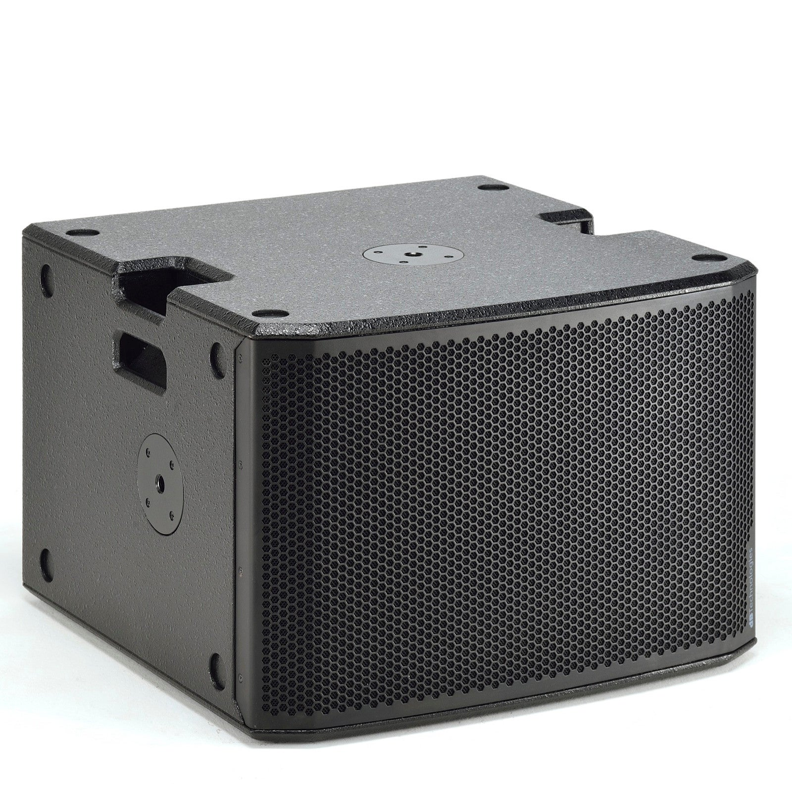 Subwoofer rettangolare nero con griglia frontale e maniglie.