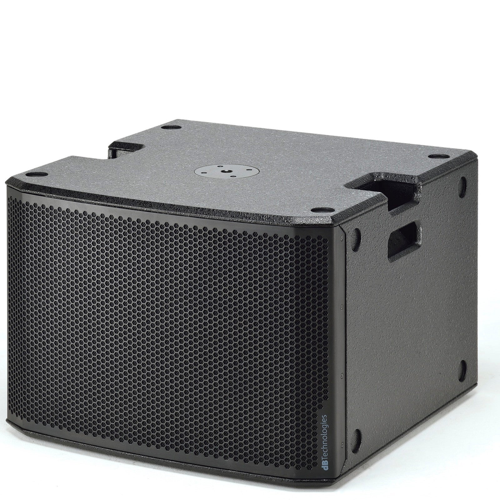 Un altoparlante subwoofer nero dB Technologies poggia su una superficie bianca.