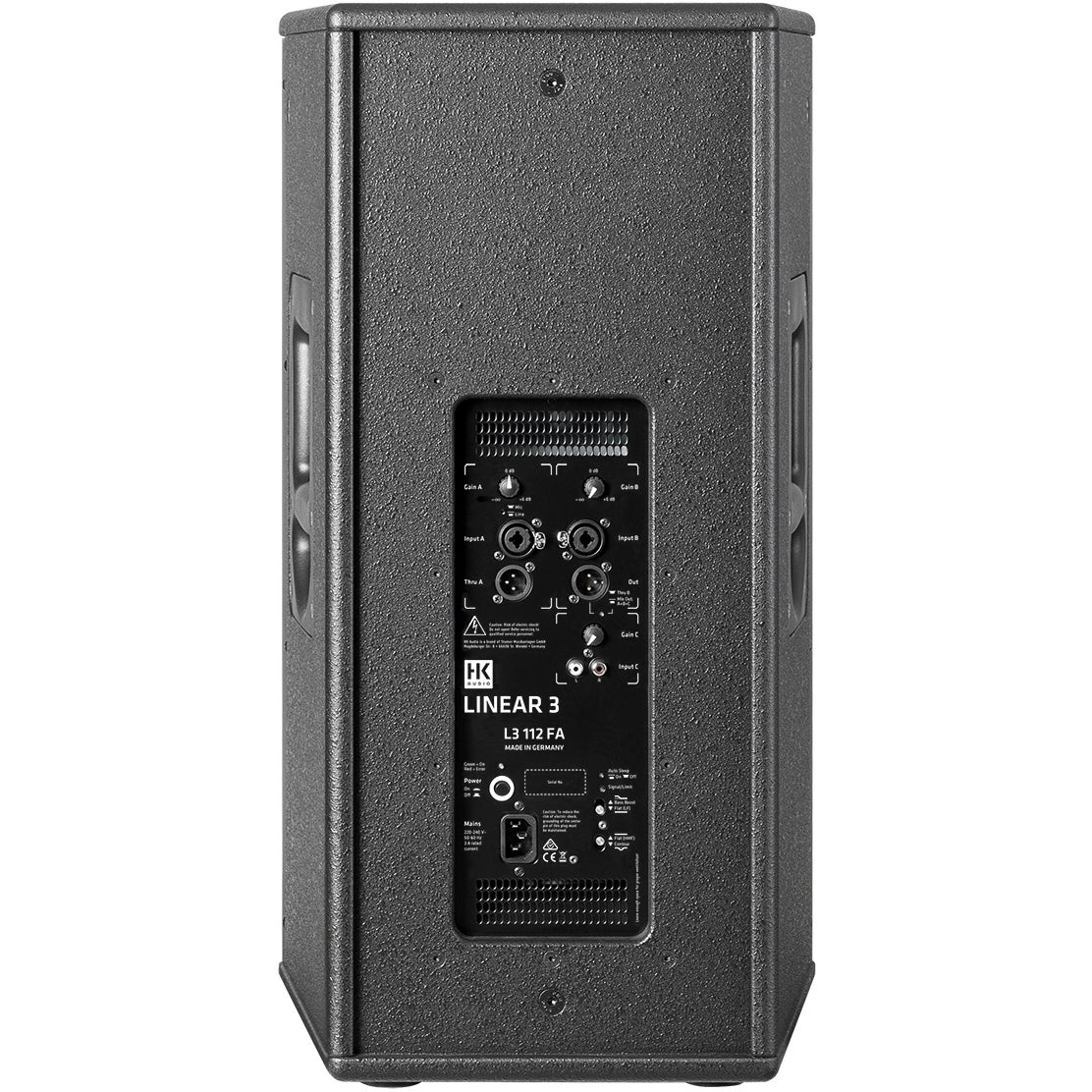 Back of a black speaker with connectors and labels.