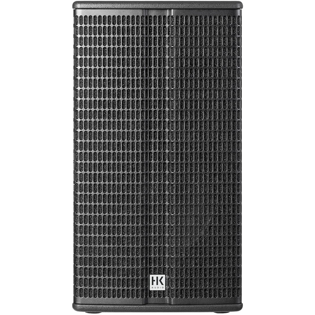 Black speaker with a grille front and HK Audio logo at the bottom.