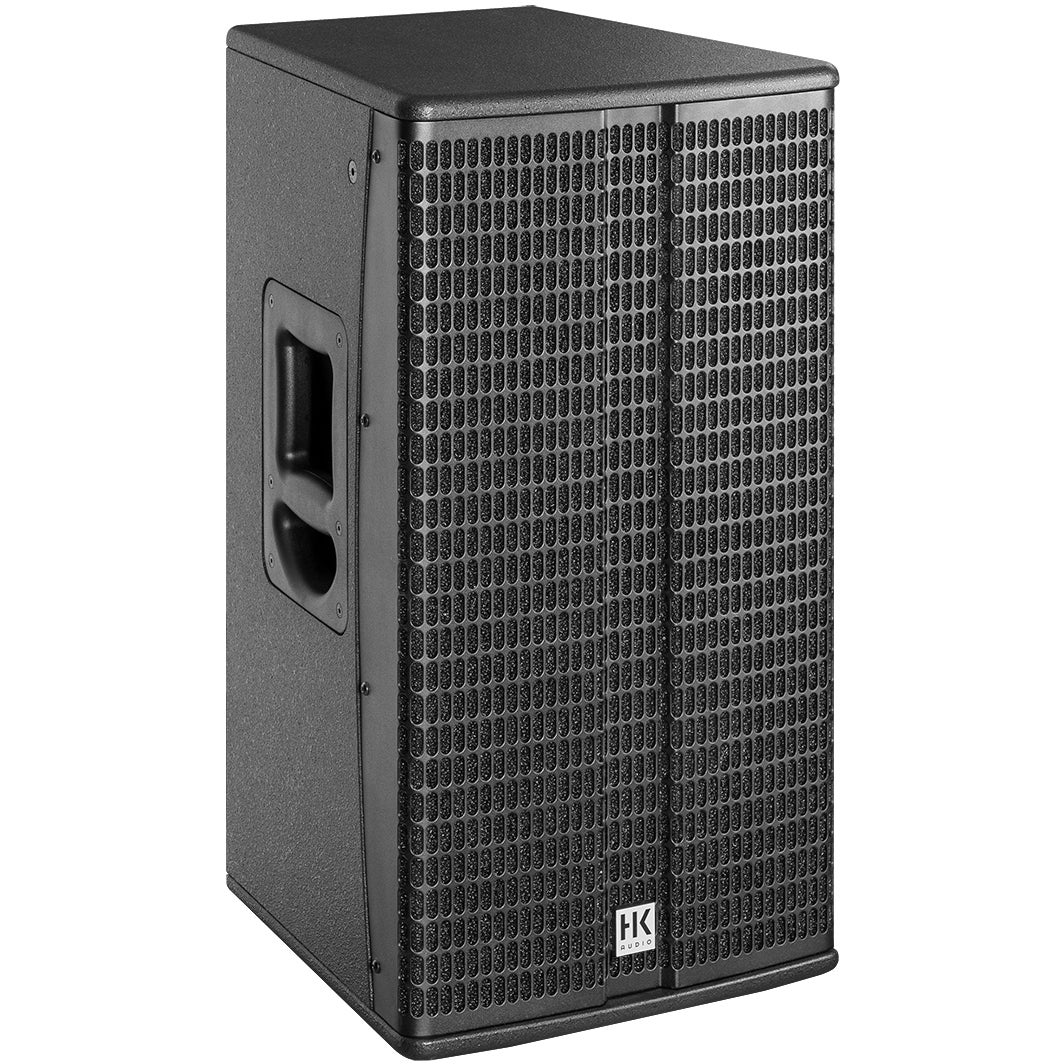 Black speaker with HK Audio logo and handle on the side.