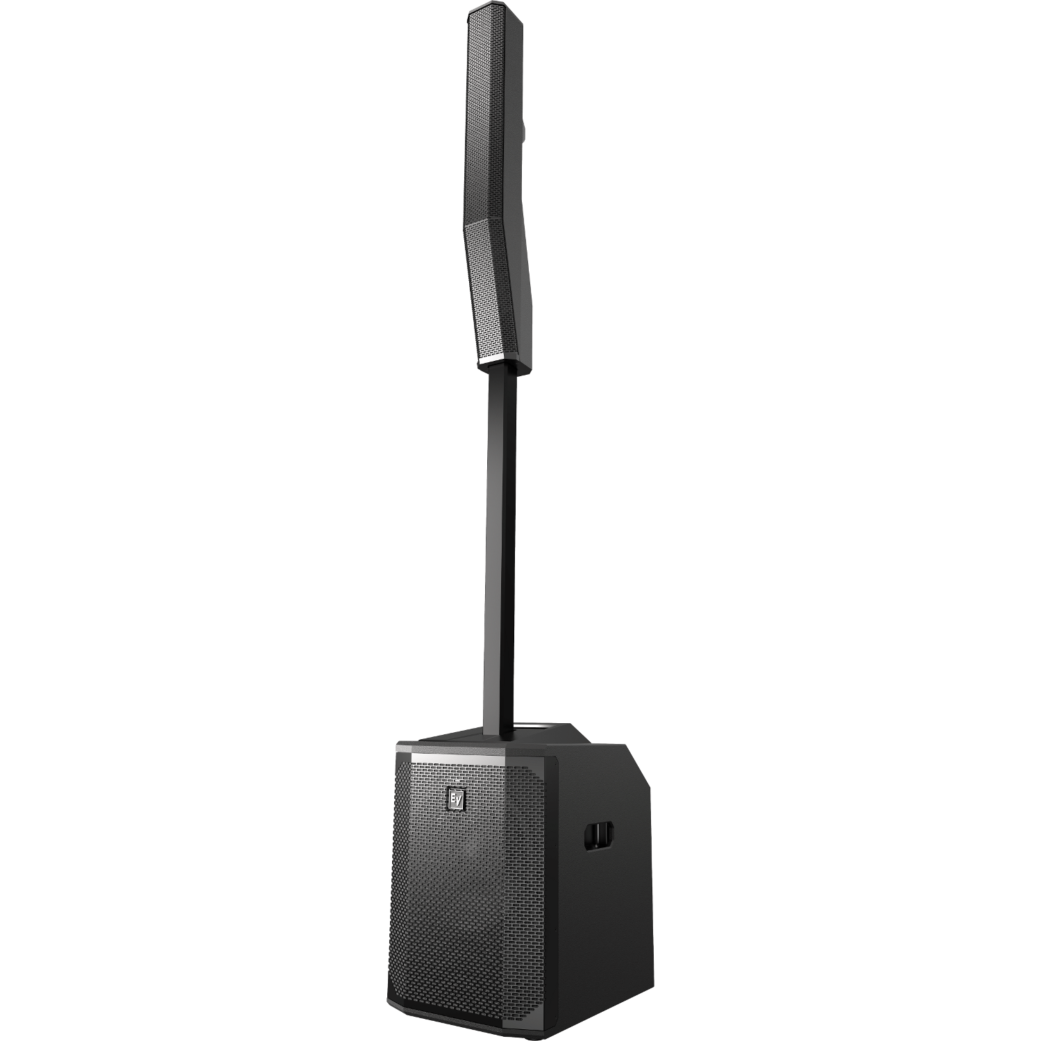 A tall black speaker system with a subwoofer base and a vertical speaker column.