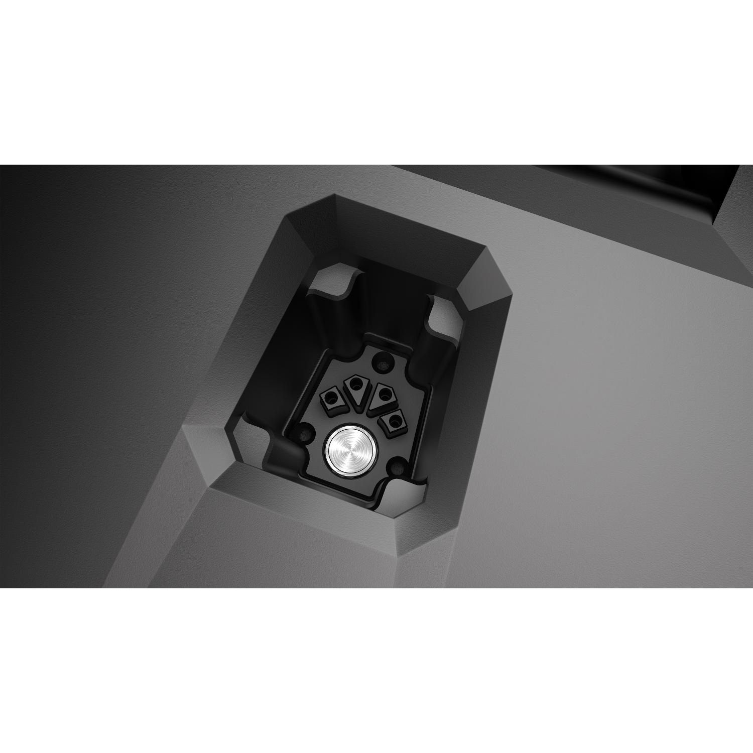 Close-up of a black hexagonal socket with a silver button in the center.