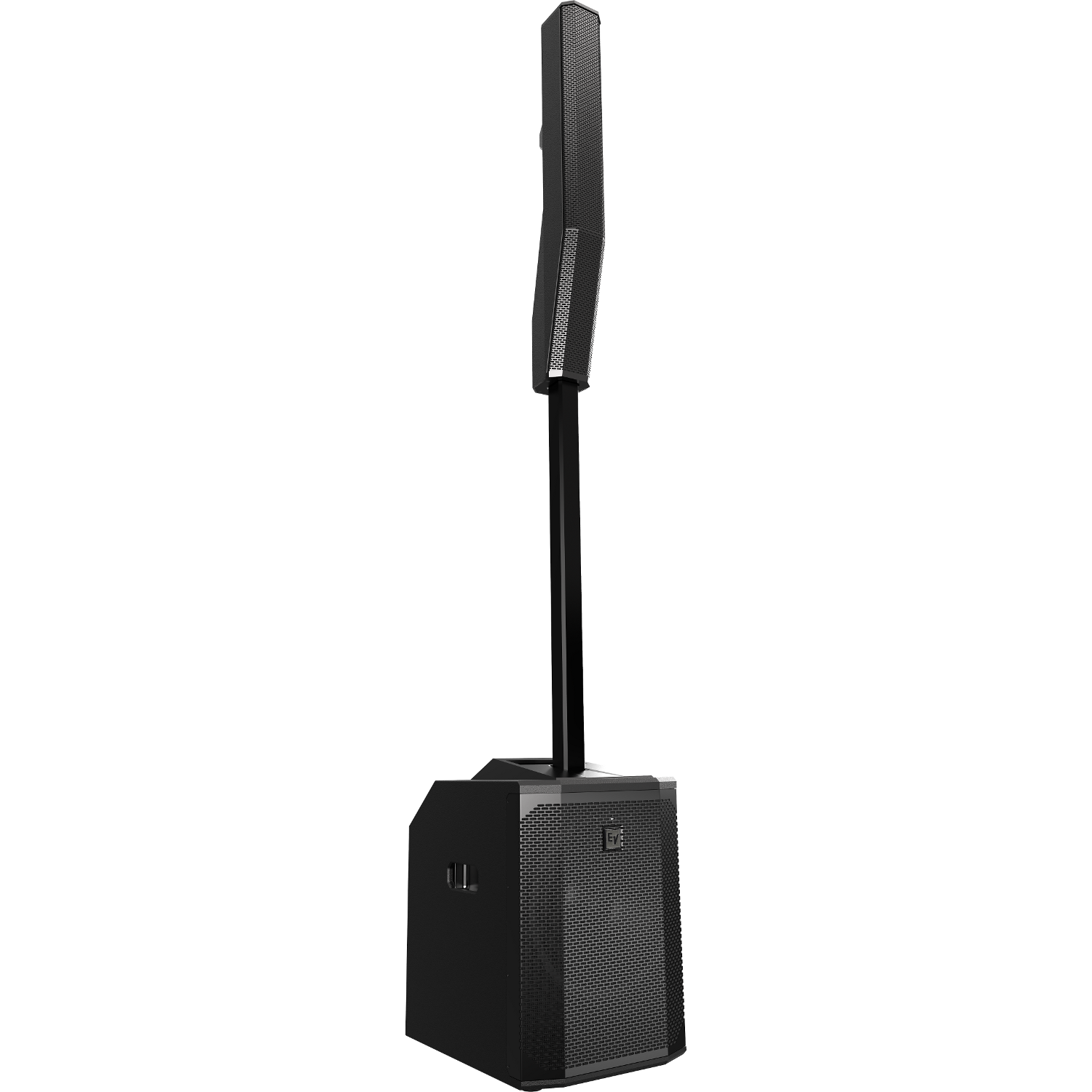 Black speaker with a column on a white background.