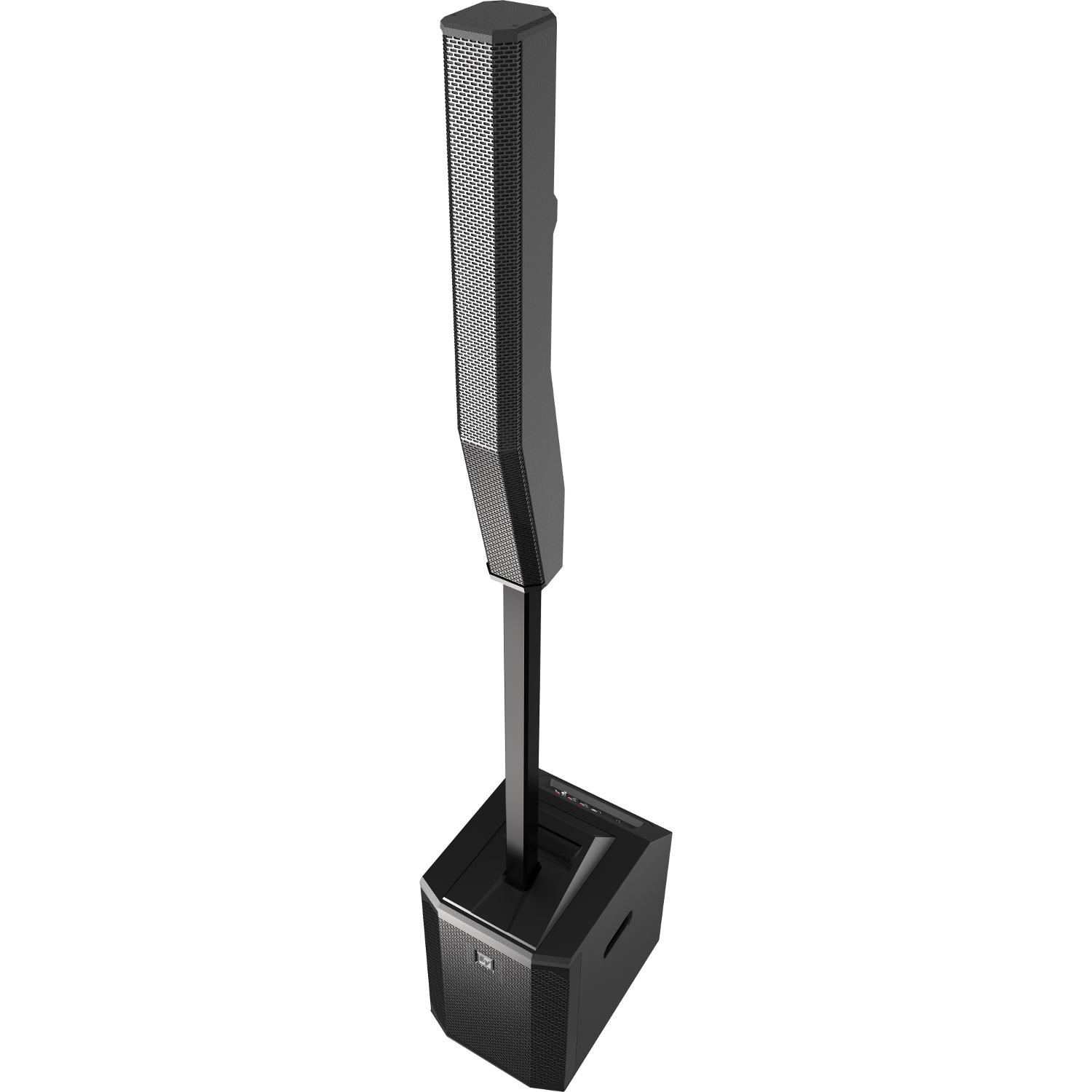 A black column speaker on a subwoofer, isolated on a white background.