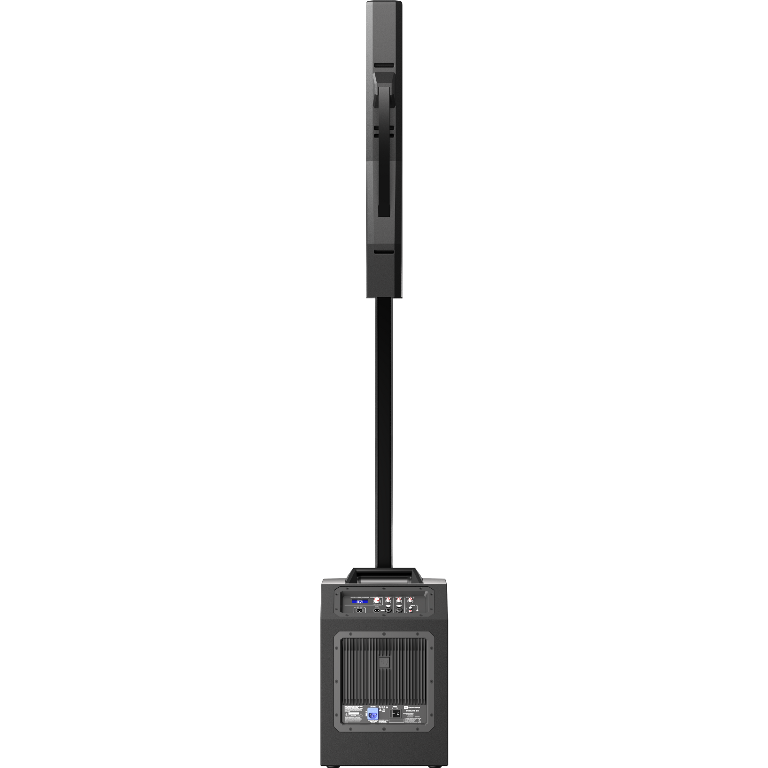 A black column speaker with a subwoofer at the bottom and a tall vertical speaker on top.