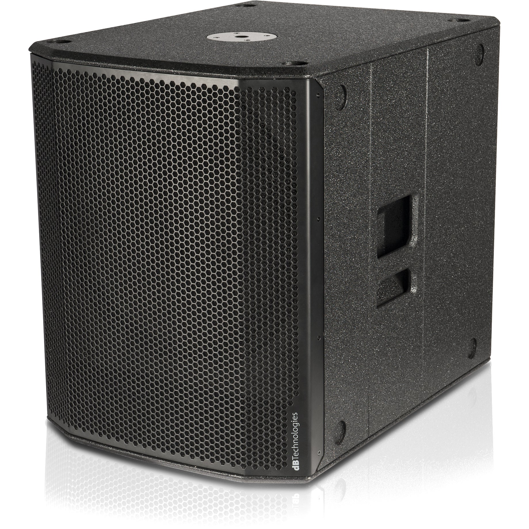 Altoparlante subwoofer nero con griglia esagonale e maniglie laterali.