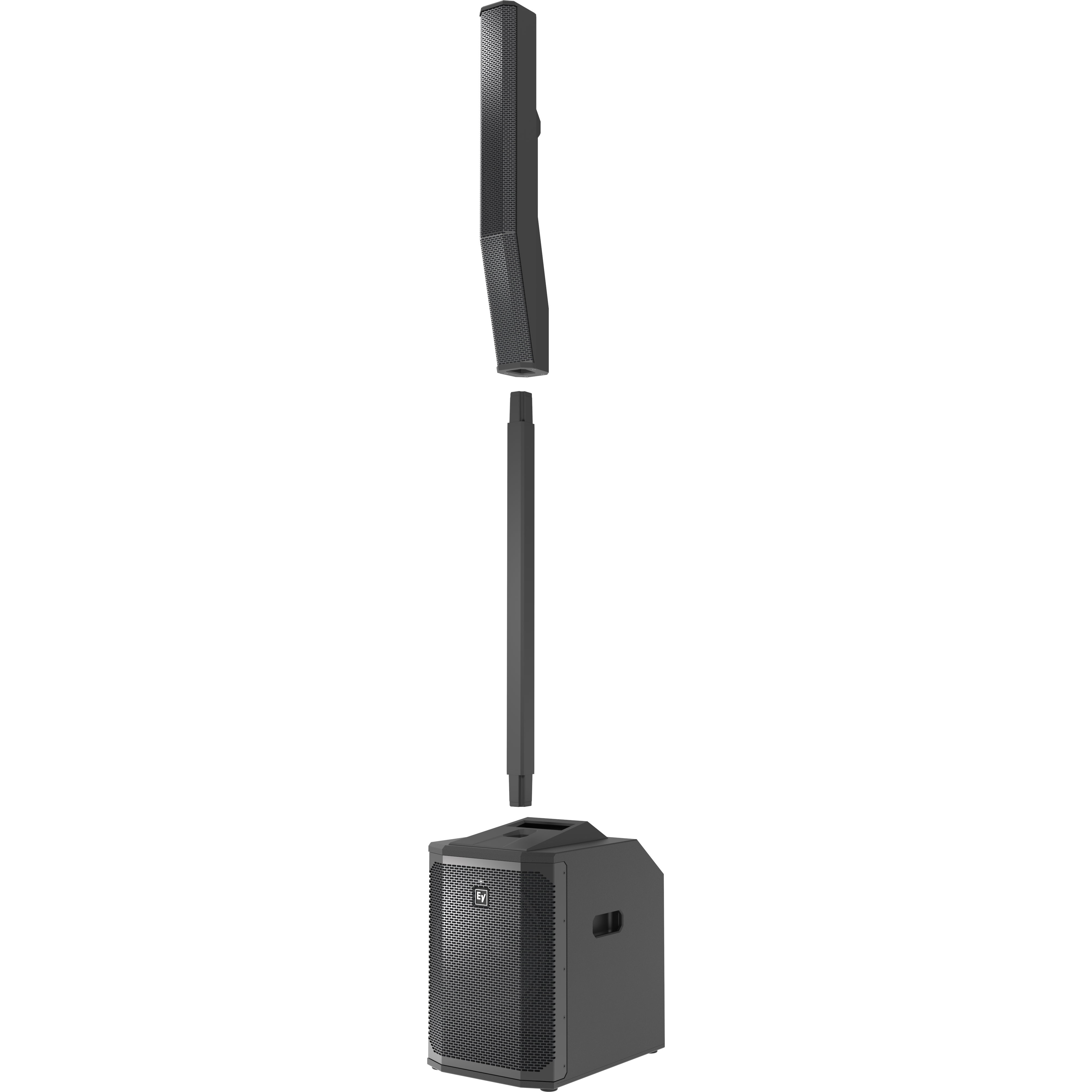 A black speaker with a connecting pole and a column.