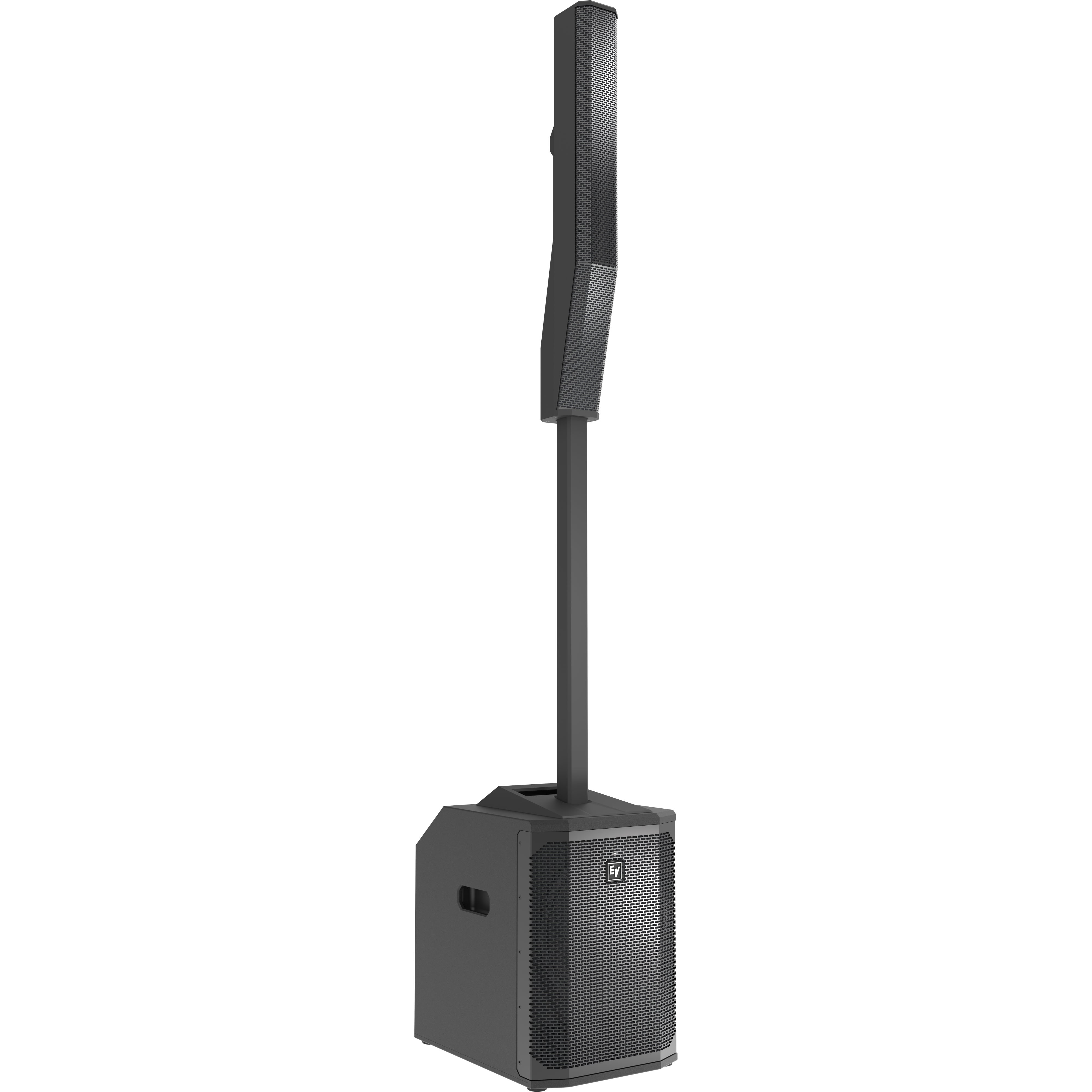 A black speaker with a column on a white background.