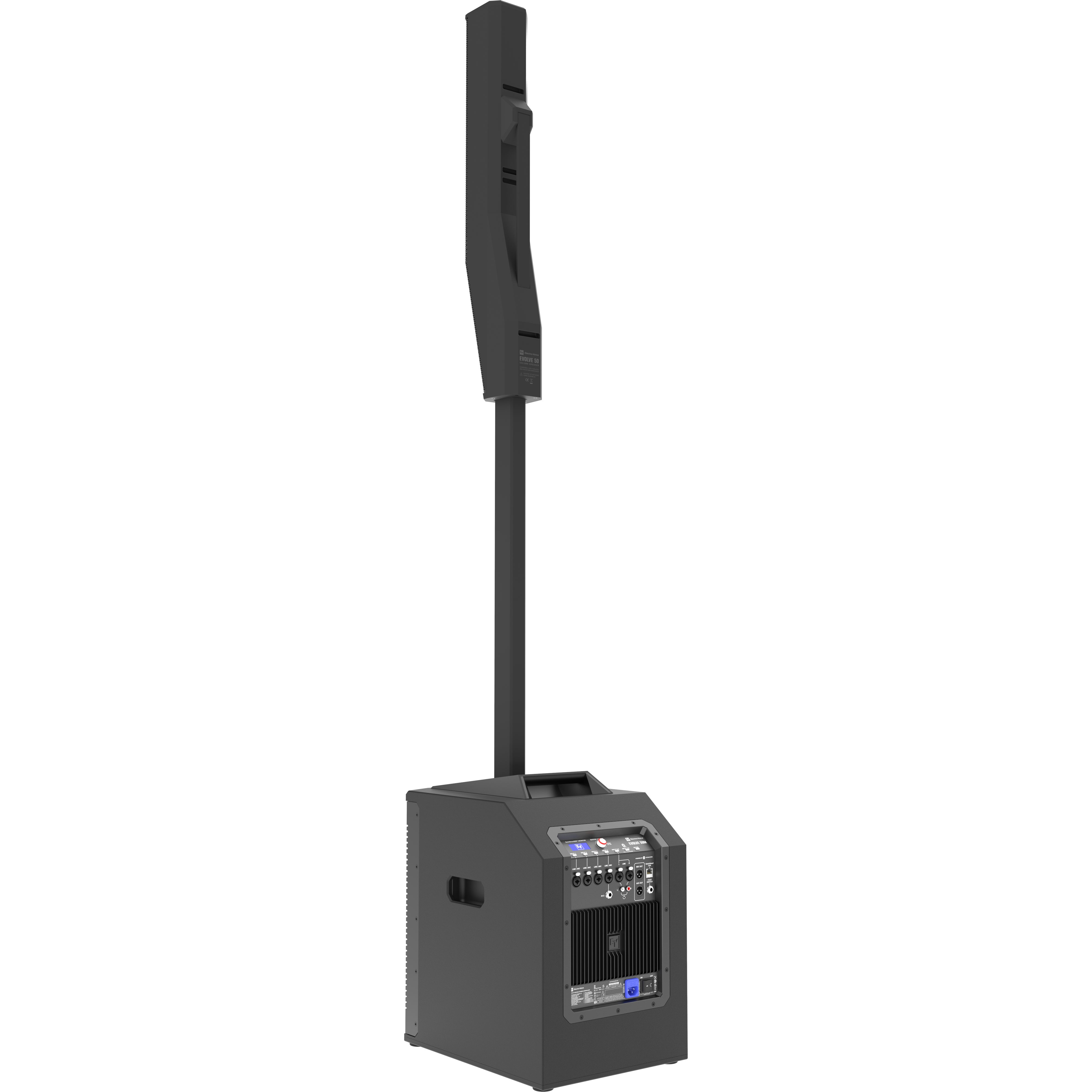 Black column speaker with subwoofer base and connections.
