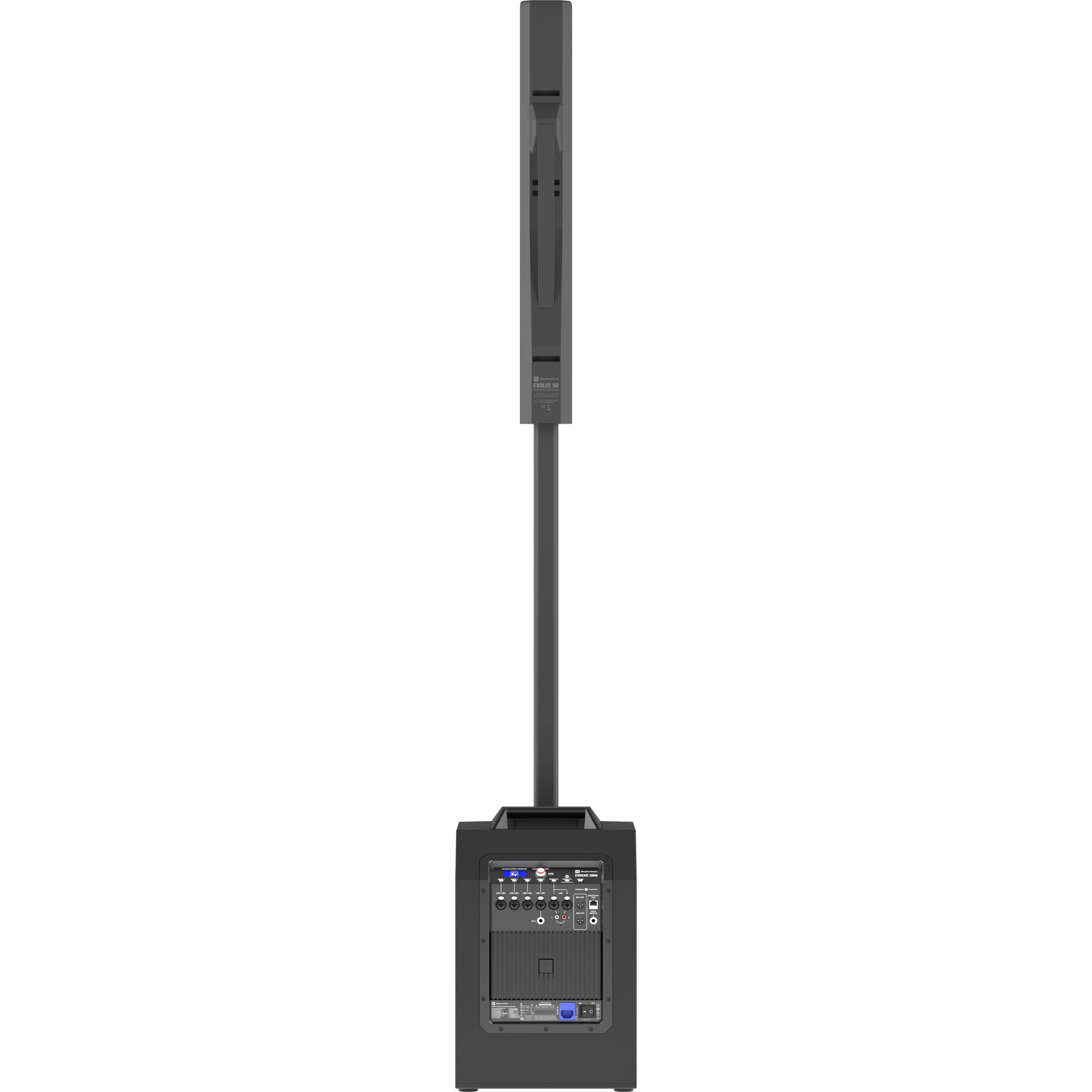 Black speaker with pole and control panel on the back.
