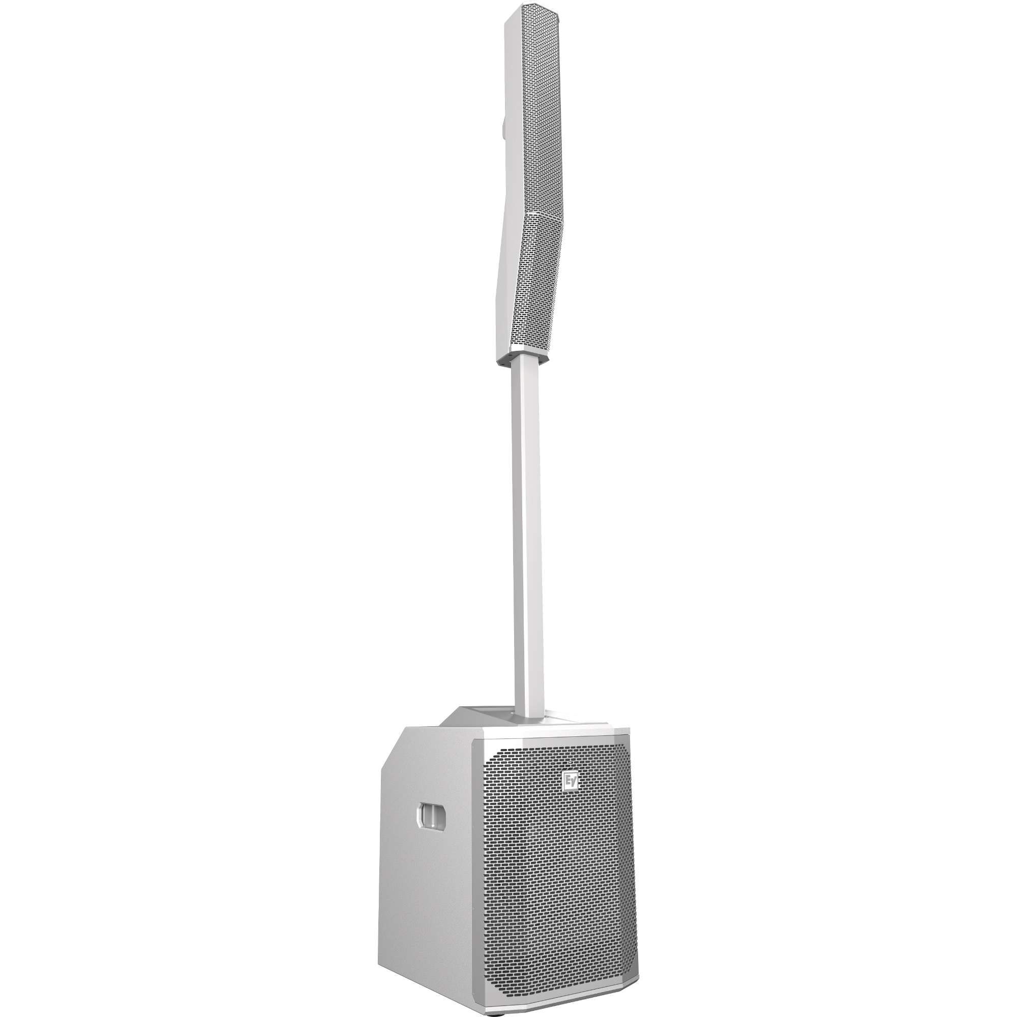 A white column speaker with a subwoofer base and a vertical speaker array.