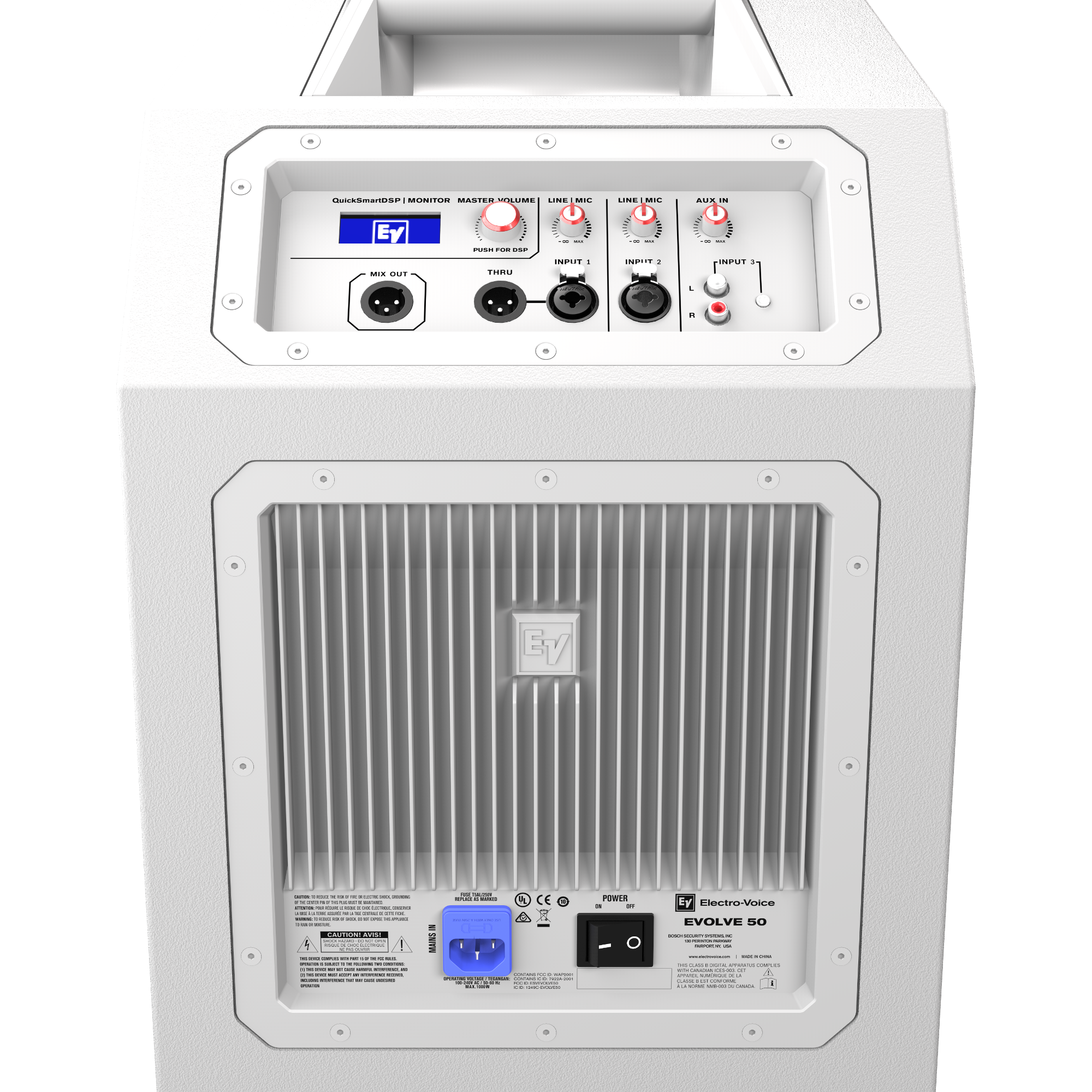 Achterpaneel van een witte Electro-Voice EVOLVE 50 PA-luidspreker met ingangen, bedieningselementen en schakelaar.