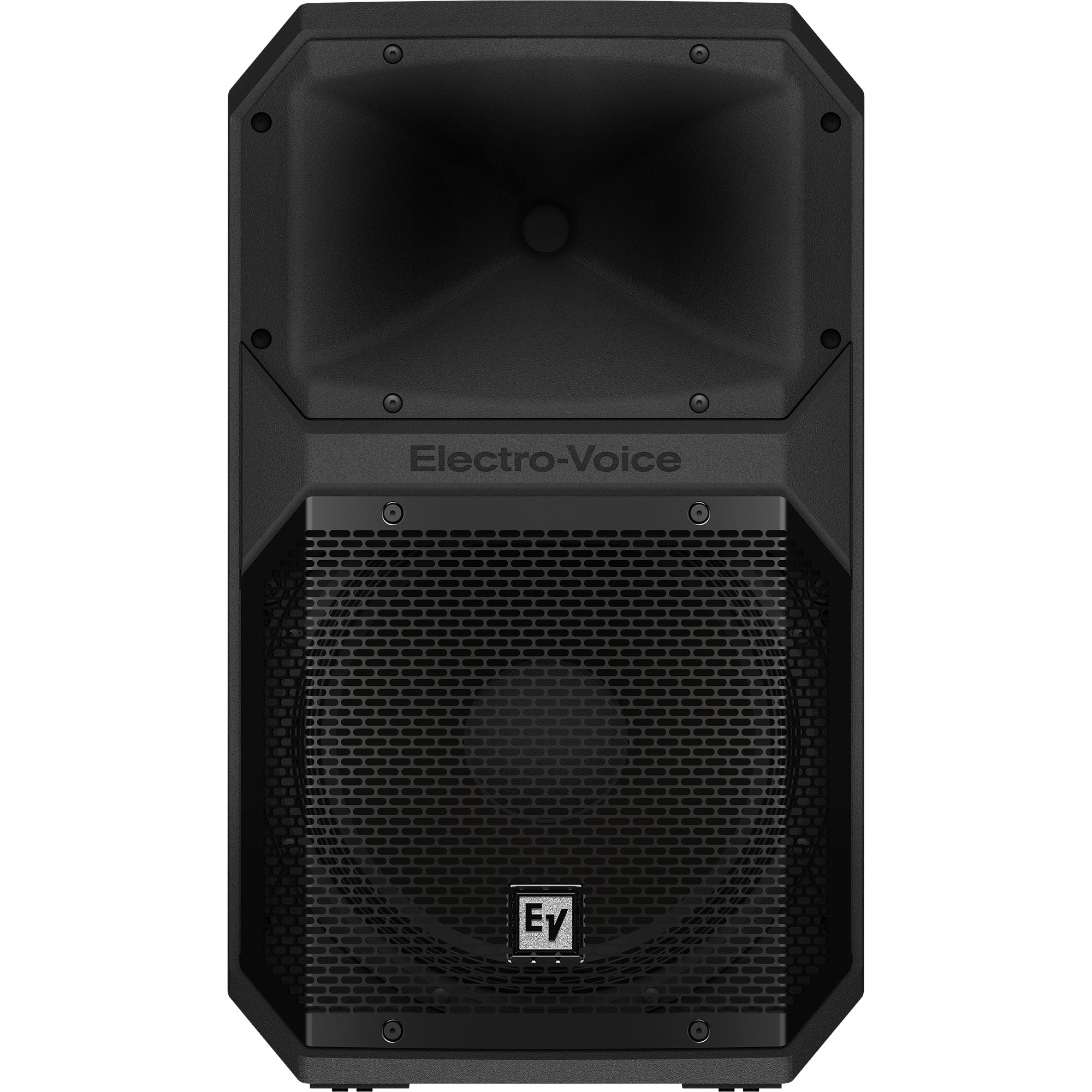 A black Electro-Voice speaker with a mesh grille and a prominent horn.