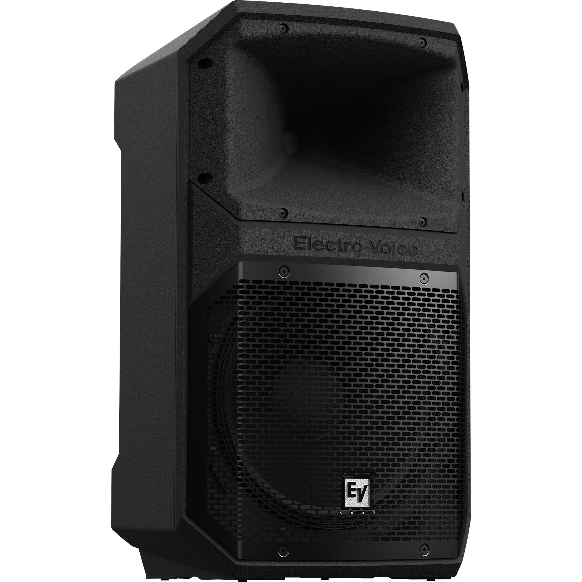 Black Electro-Voice speaker with grille at front and horn at top.